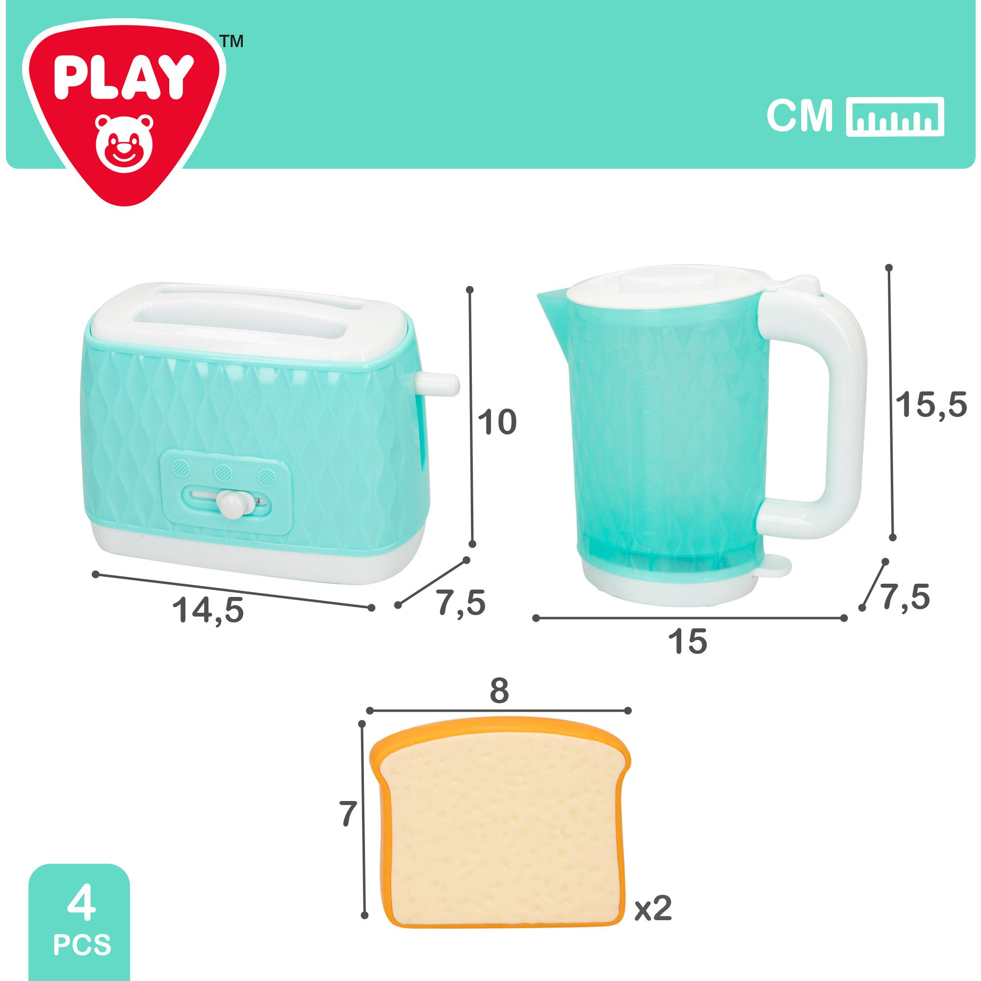 Conjunto de brinquedo PLAY: torradeira e chaleira com luz e som.
