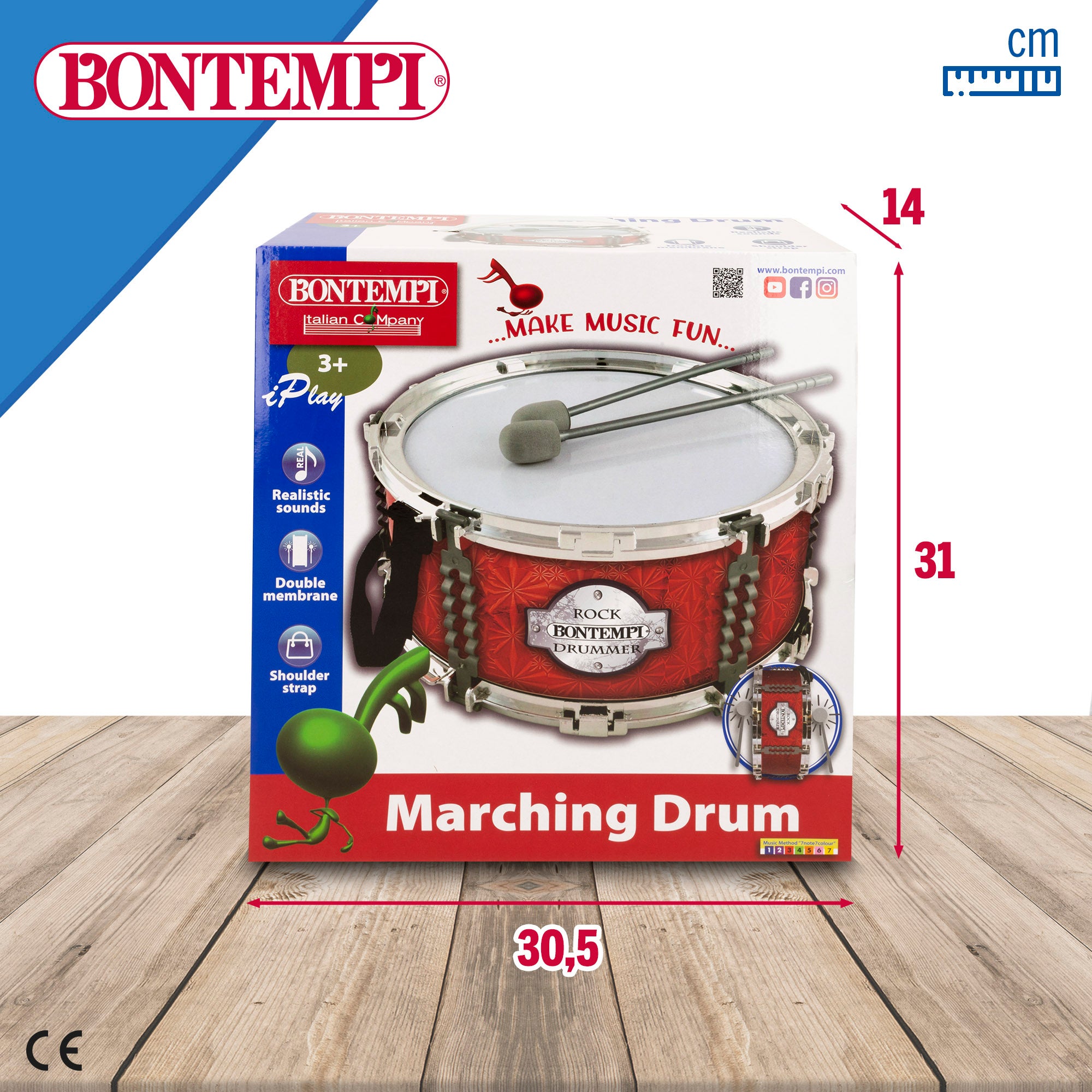 Tambor de juguete con baquetas y correa Ø30,5 cm Bontempi