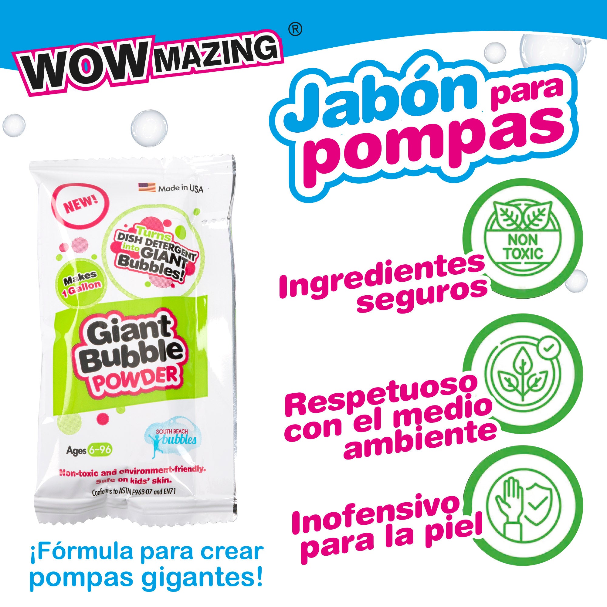 WOWmazing Pack 6 sobres de jabón en polvo para hacer pompas