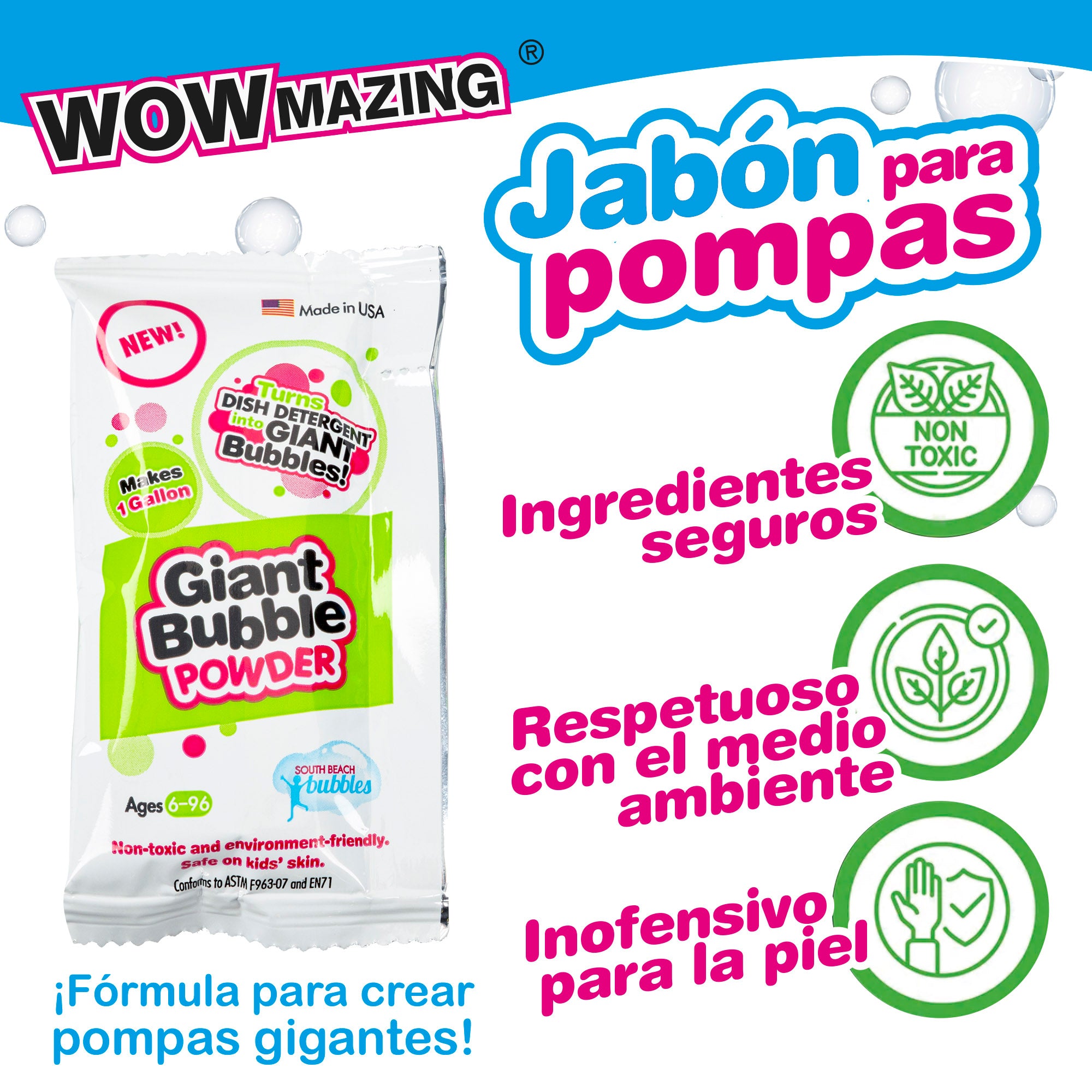 WOWmazing Kit burbujas gigantes con 1 sobre jabón en polvo