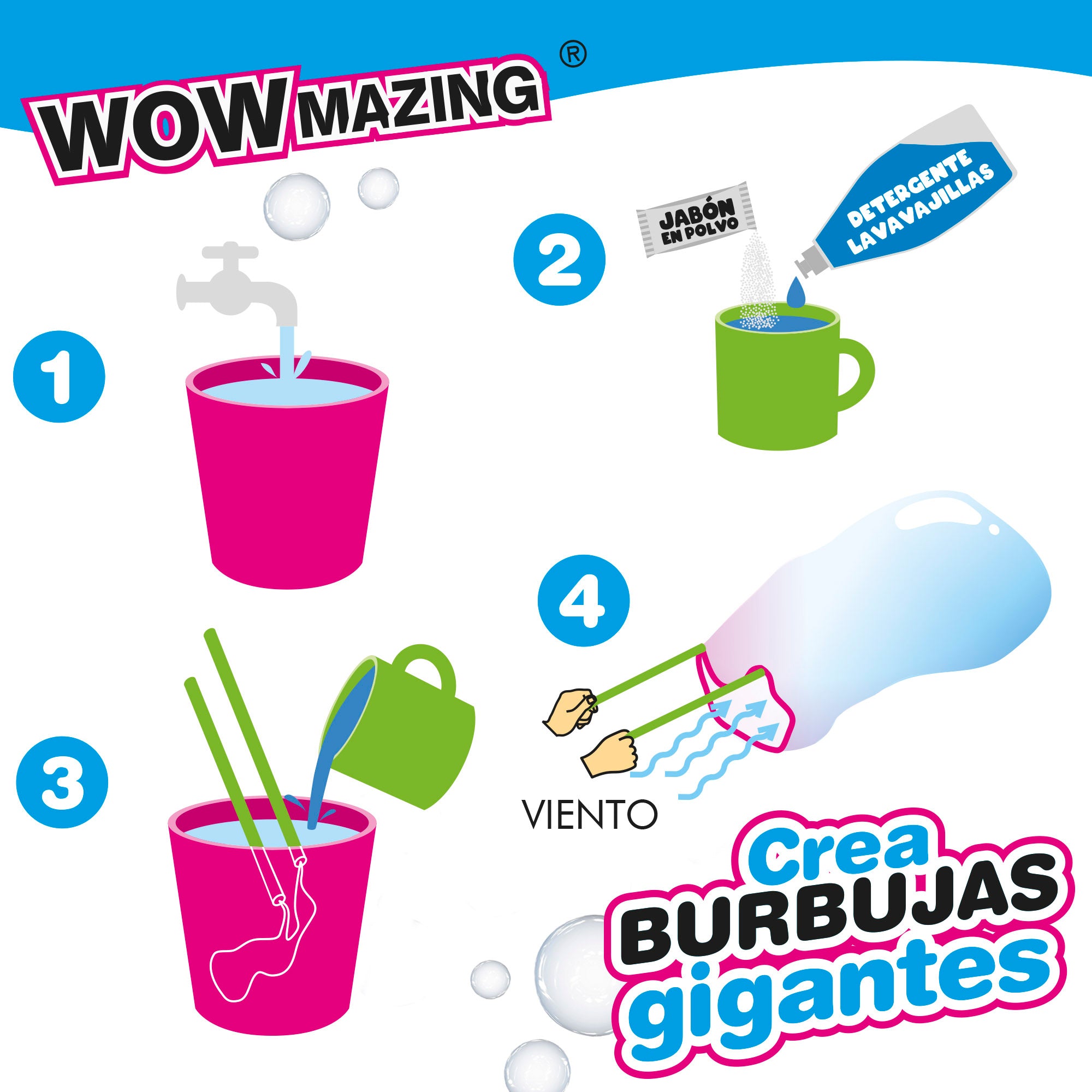 WOWmazing Kit burbujas gigantes con 3 sobres jabón en polvo