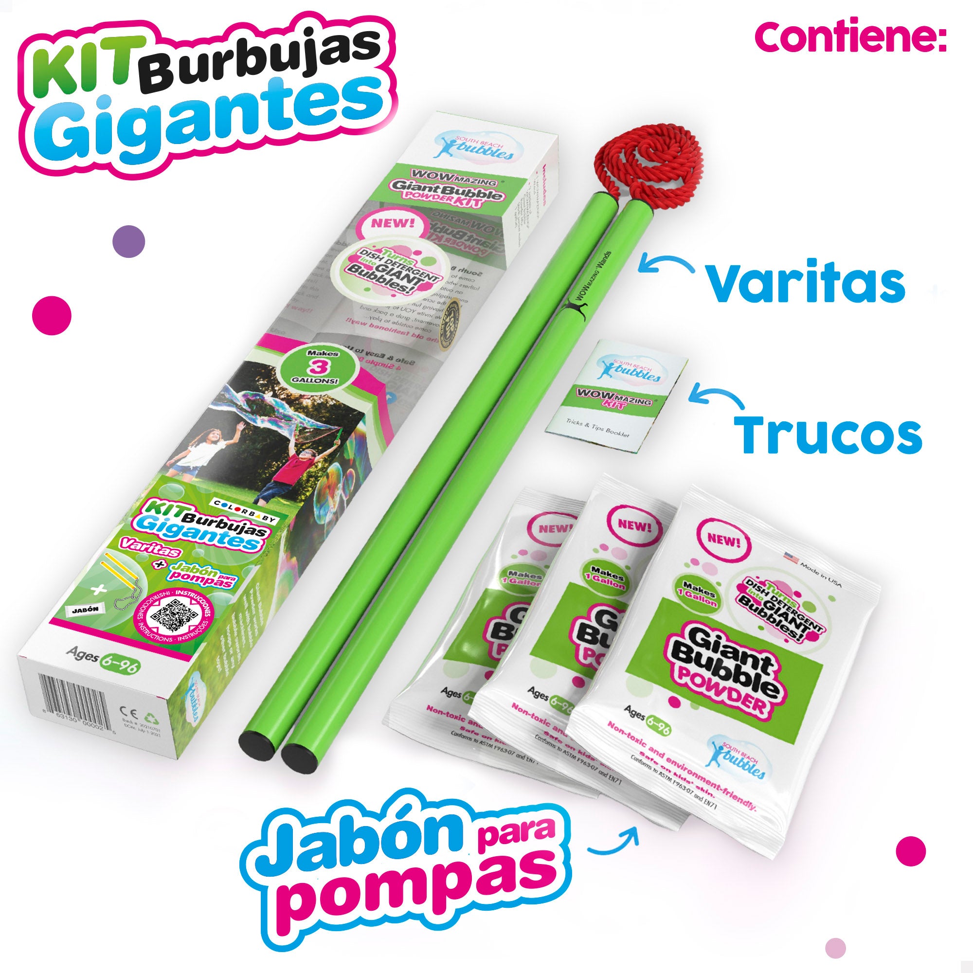 WOWmazing Kit burbujas gigantes con 3 sobres jabón en polvo