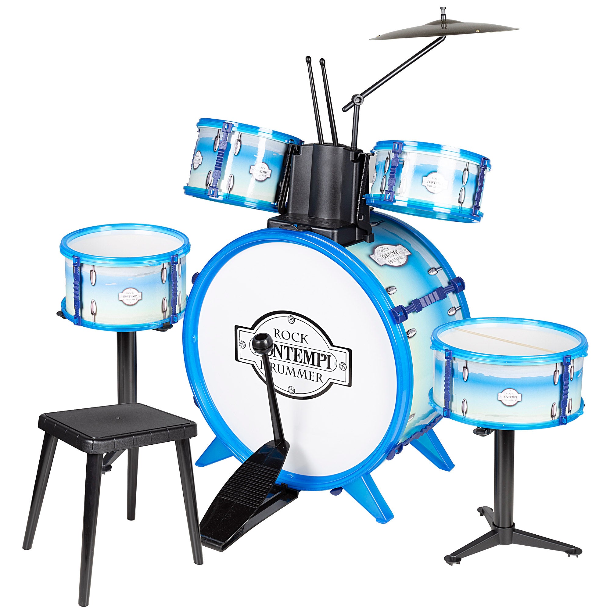 Batería musical infantil azul 5 tambores con taburete Bontempi