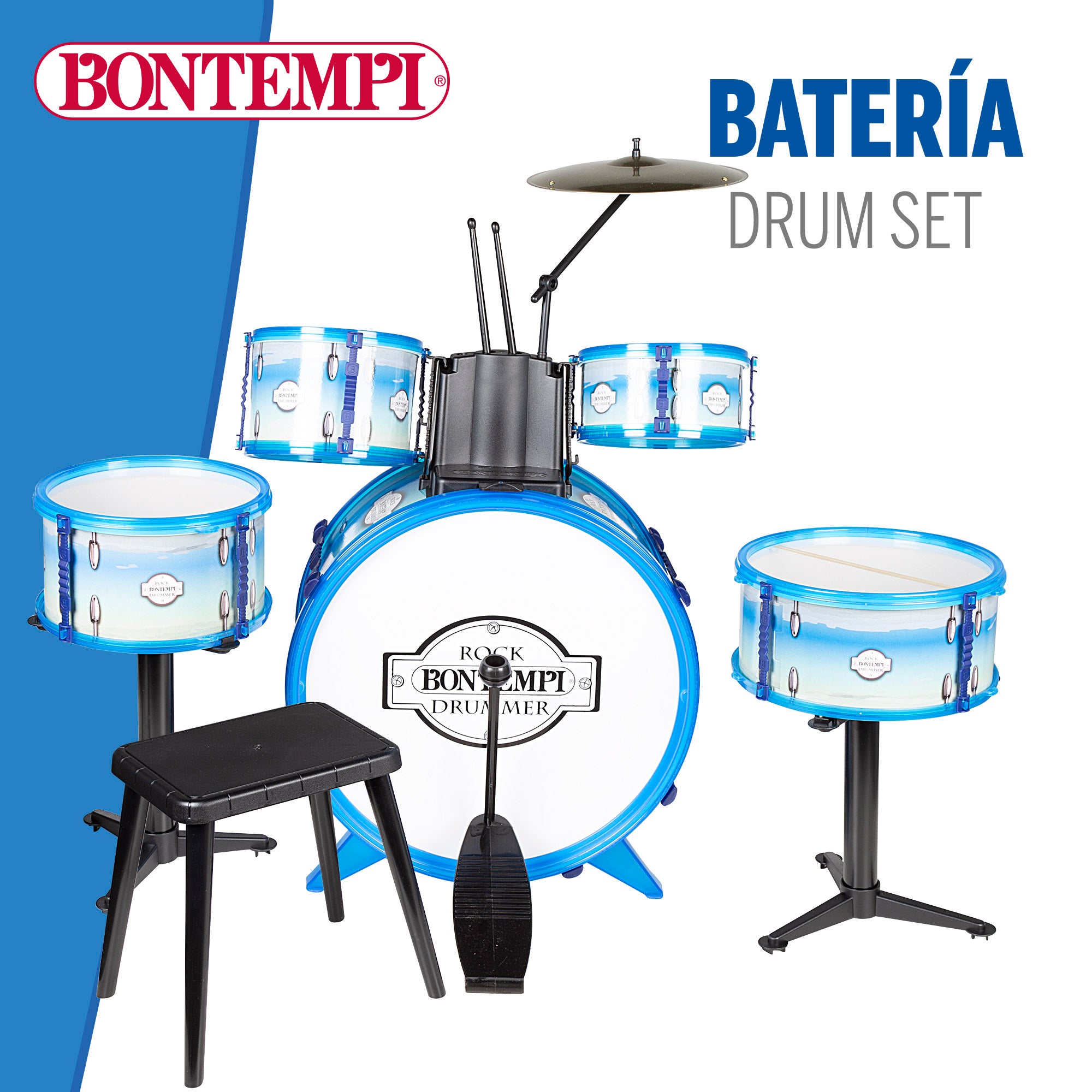 Batería musical infantil azul 5 tambores con taburete Bontempi