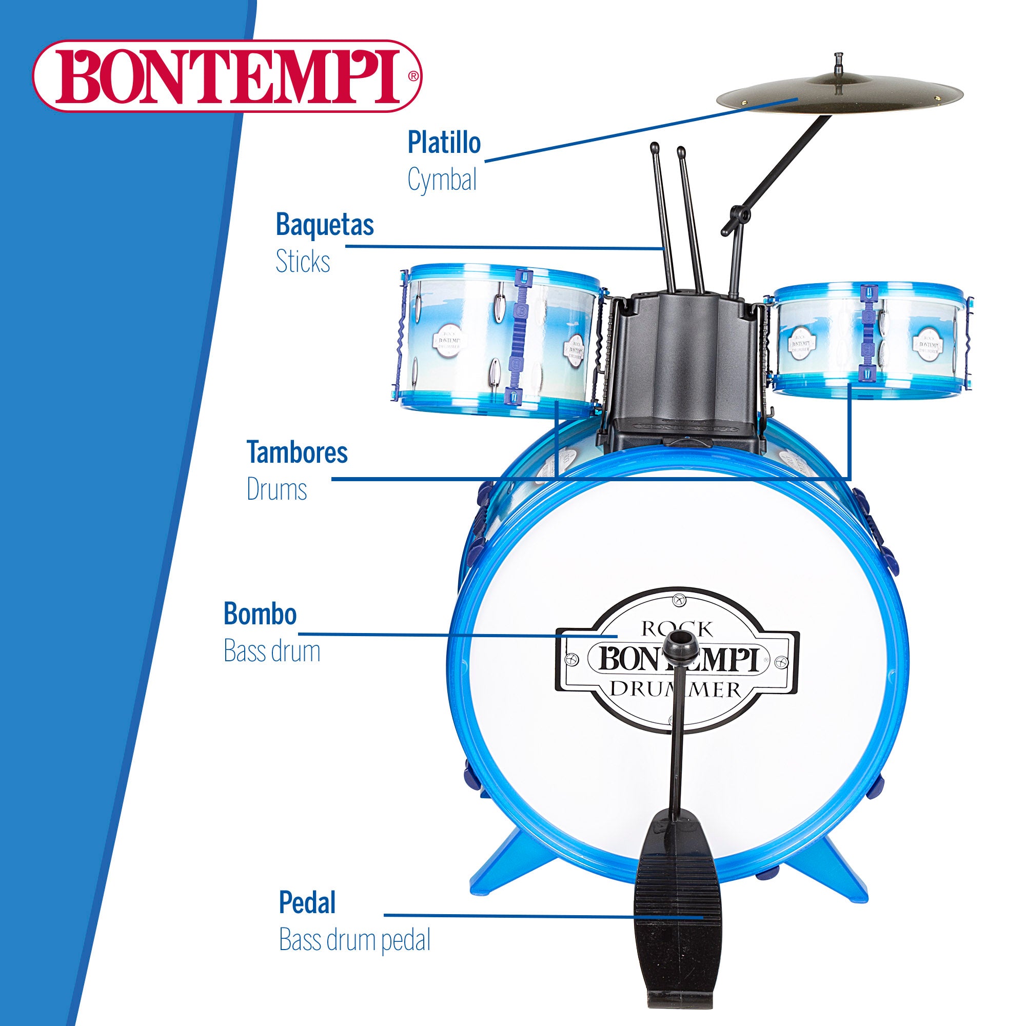 Batería musical infantil azul 5 tambores con taburete Bontempi