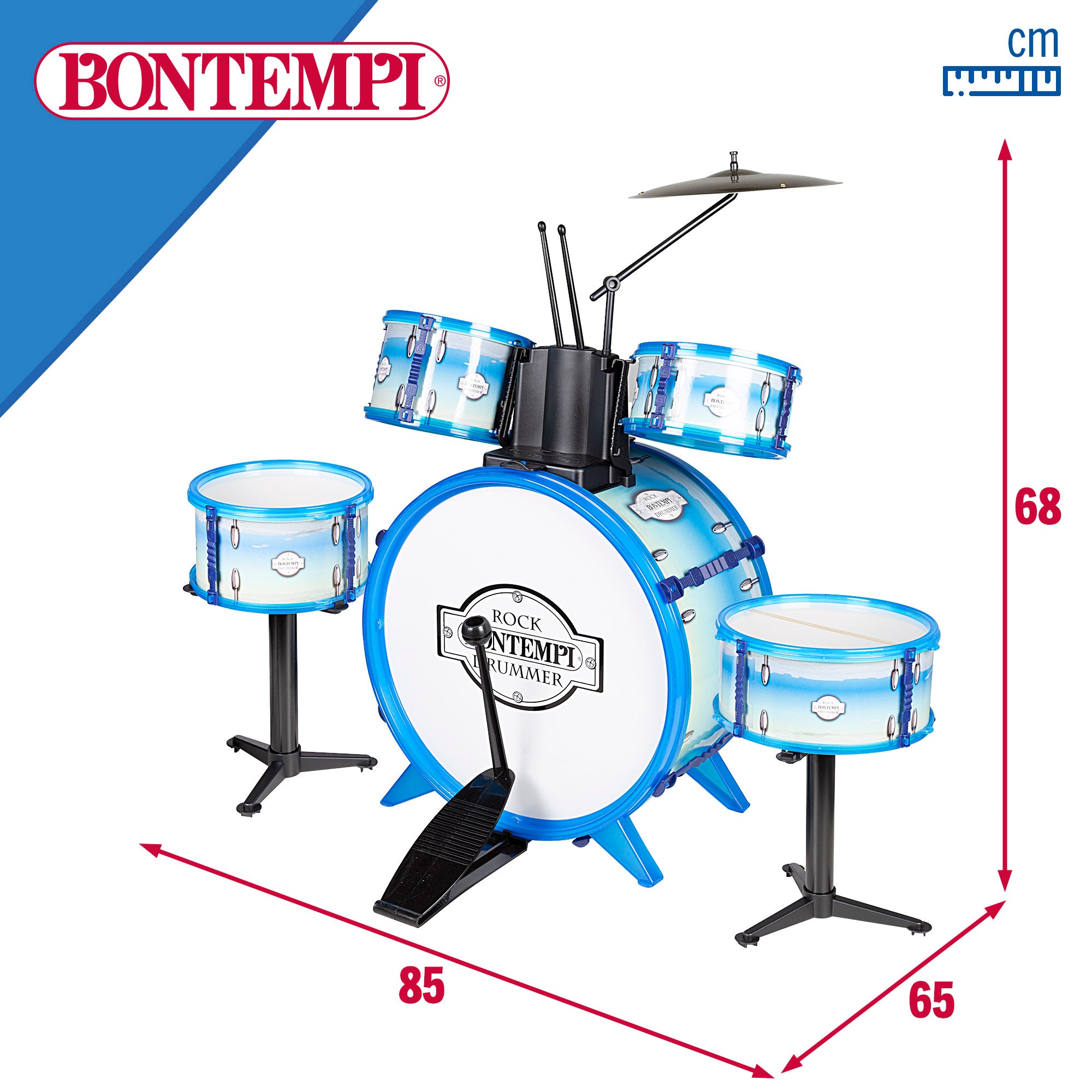 Batería musical infantil azul 5 tambores con taburete Bontempi