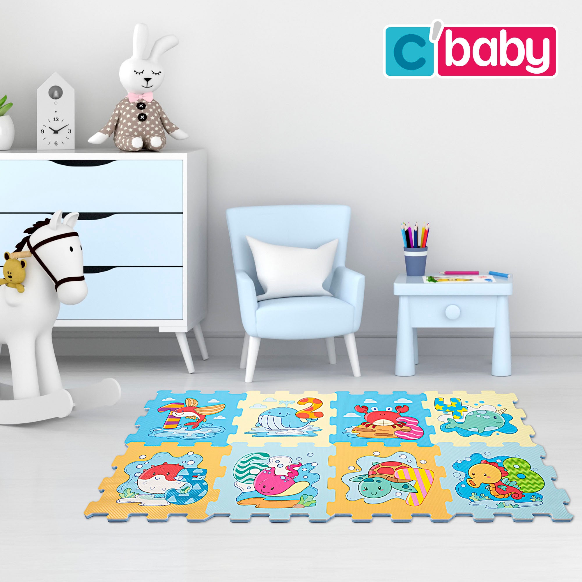 Alfombra puzle bebés animales y números 8 piezas gomaespuma C'Baby