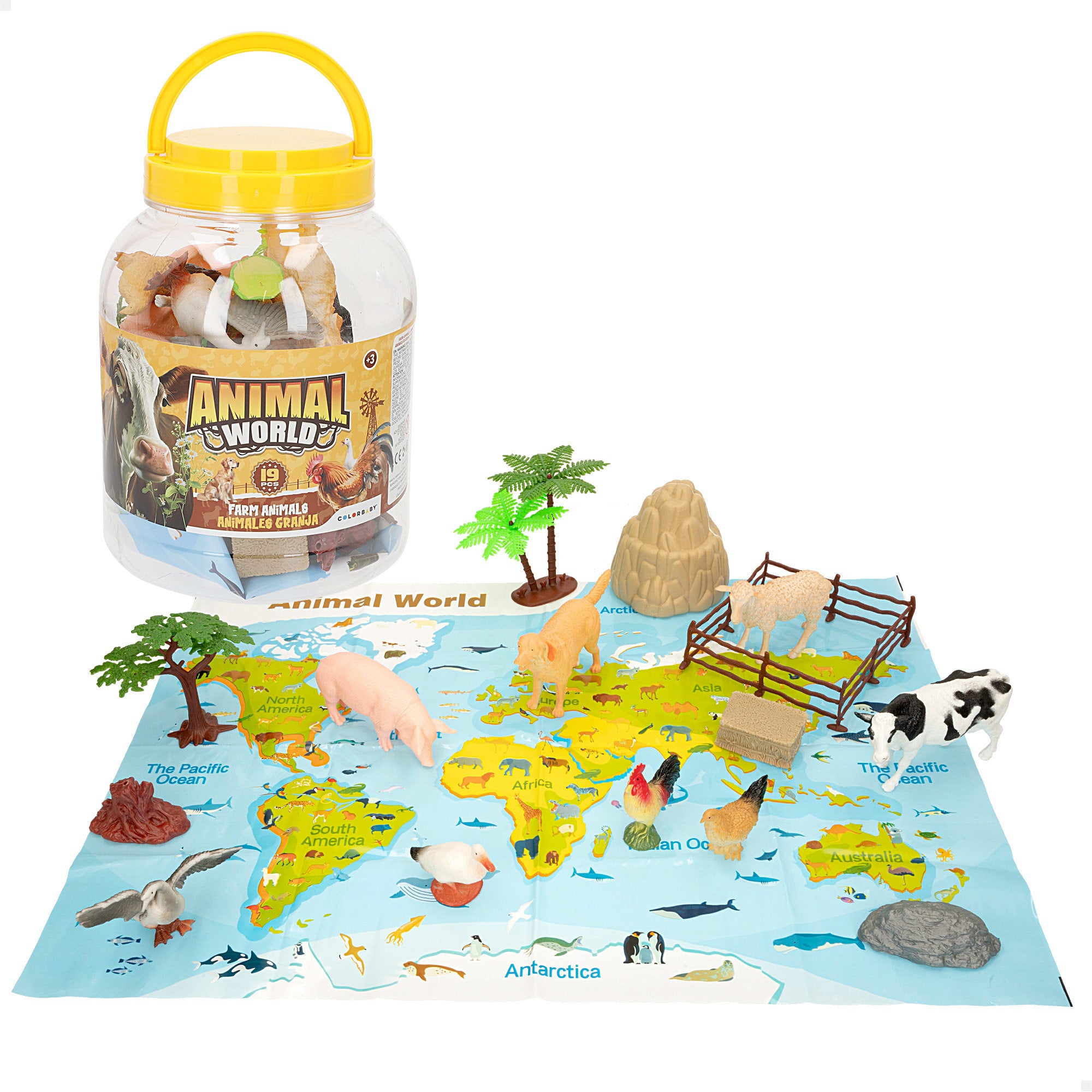 Set animales de la granja con mapa del mundo y accesorios 19 pzas. Animal World
