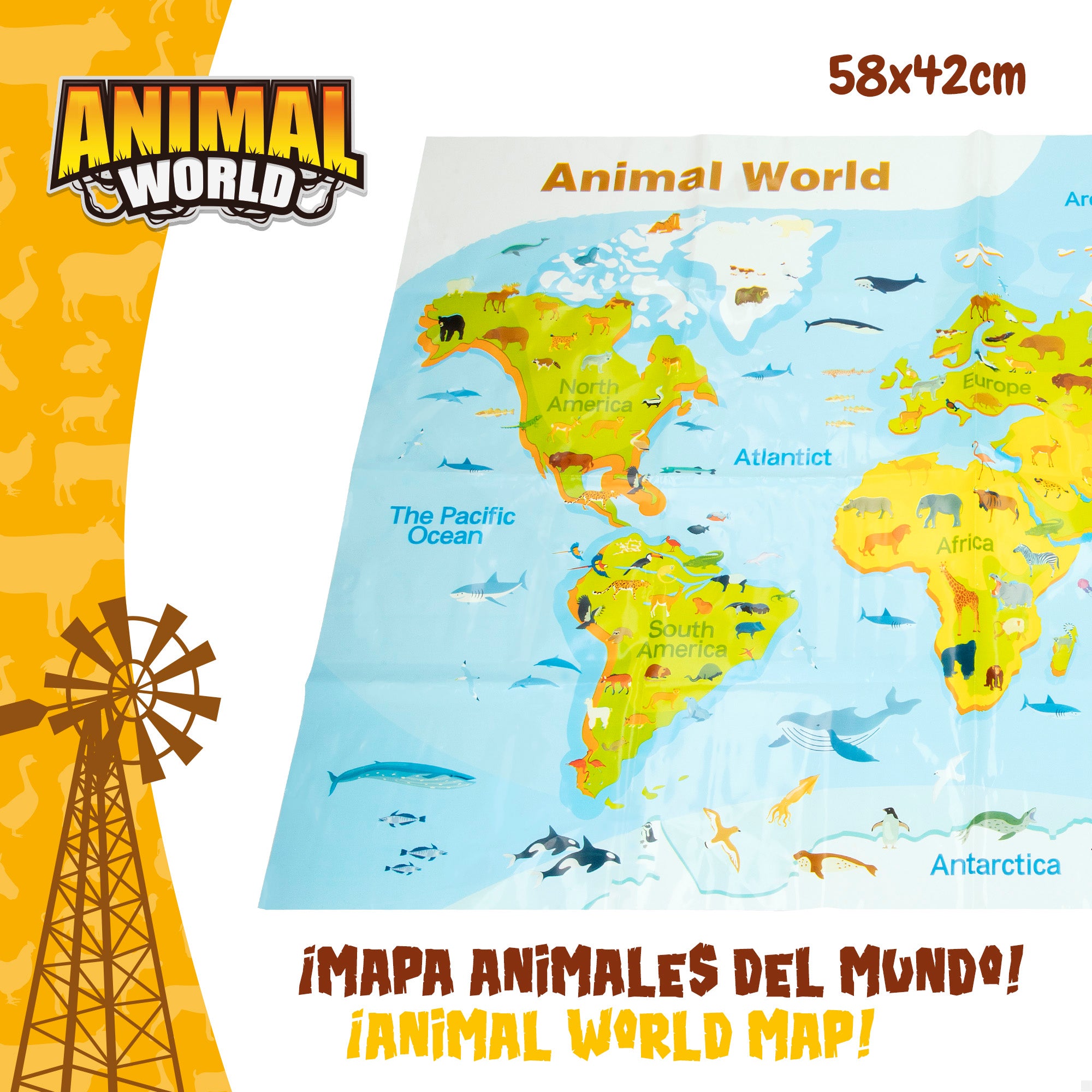 Set animales de la granja con mapa del mundo y accesorios 19 pzas. Animal World