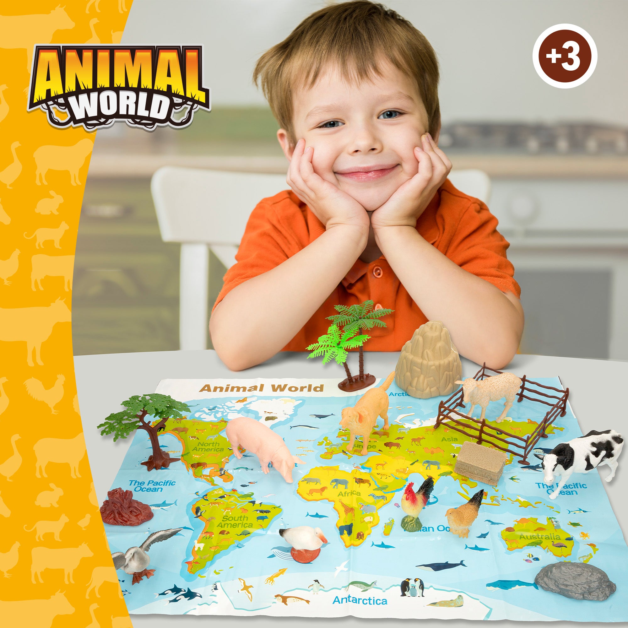 Set animales de la granja con mapa del mundo y accesorios 19 pzas. Animal World