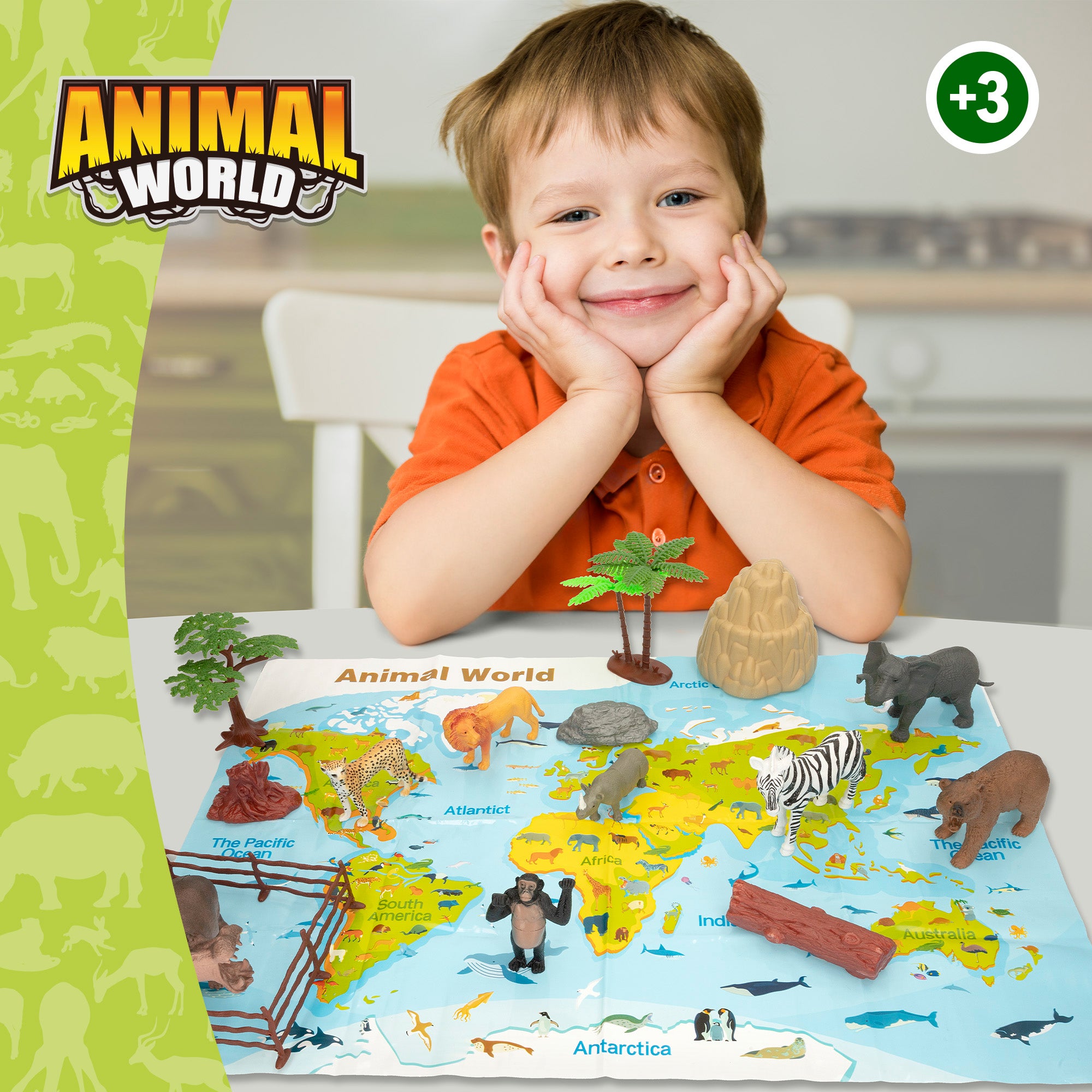 Set animales jungla con mapa del mundo y accesorios 19 pzas. Animal World