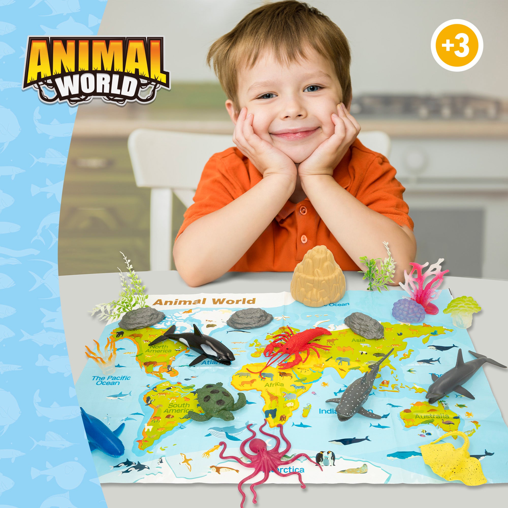 Set animales marinos con mapa del mundo y accesorios 19 pzas. Animal World