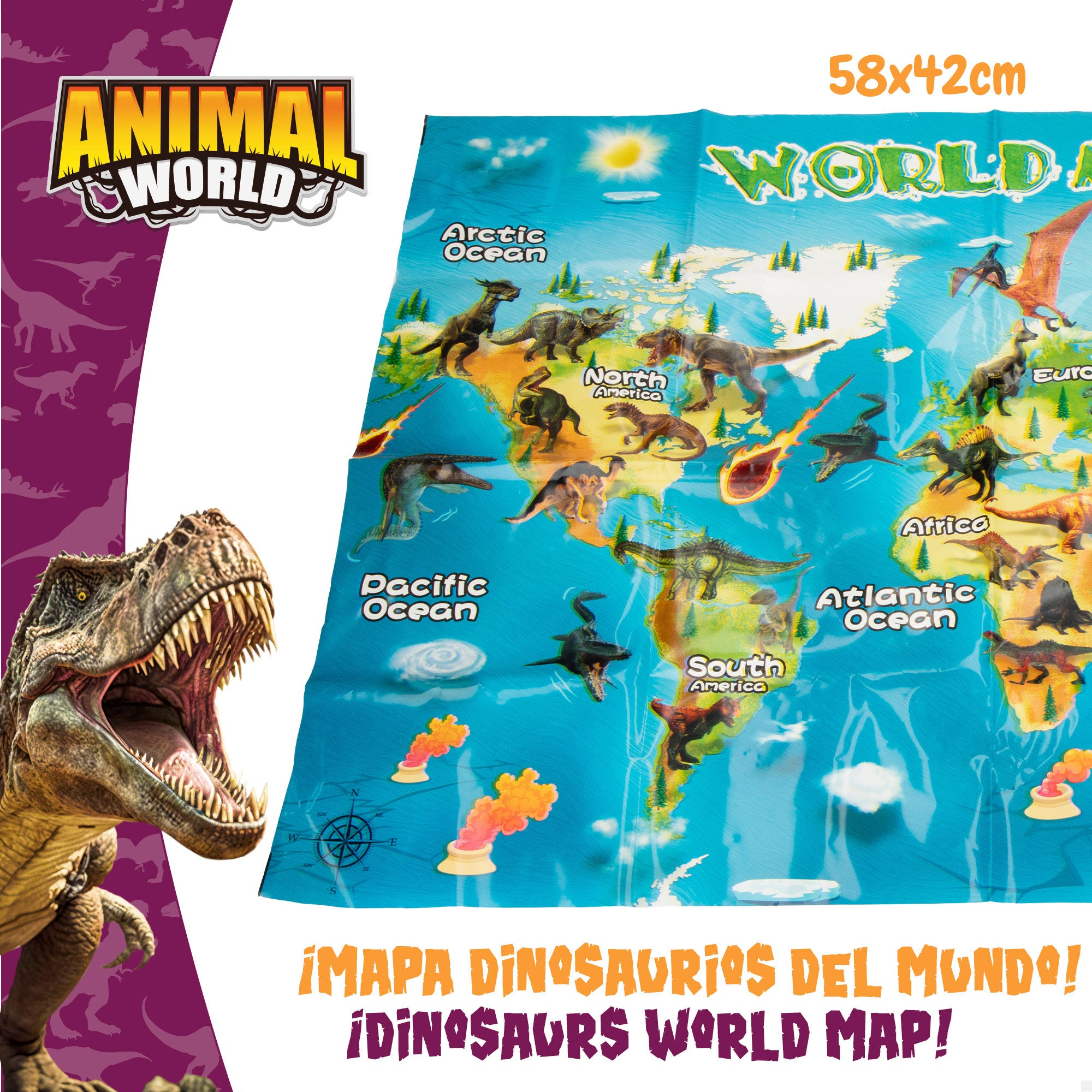 Set dinosaurios con mapa del mundo y accesorios 19 pzas. Animal World