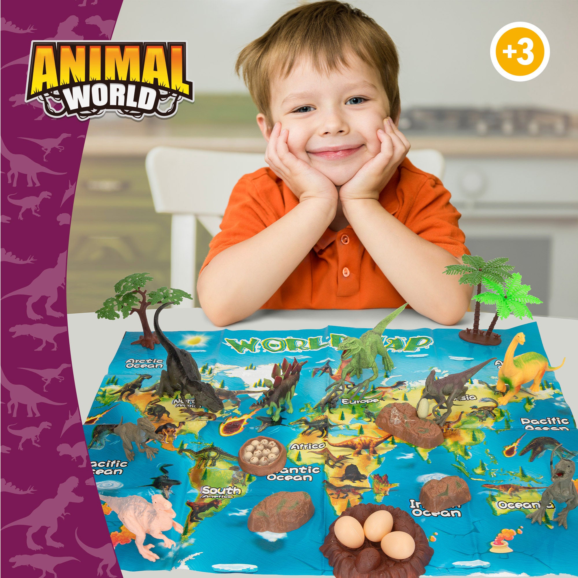 Set dinosaurios con mapa del mundo y accesorios 19 pzas. Animal World