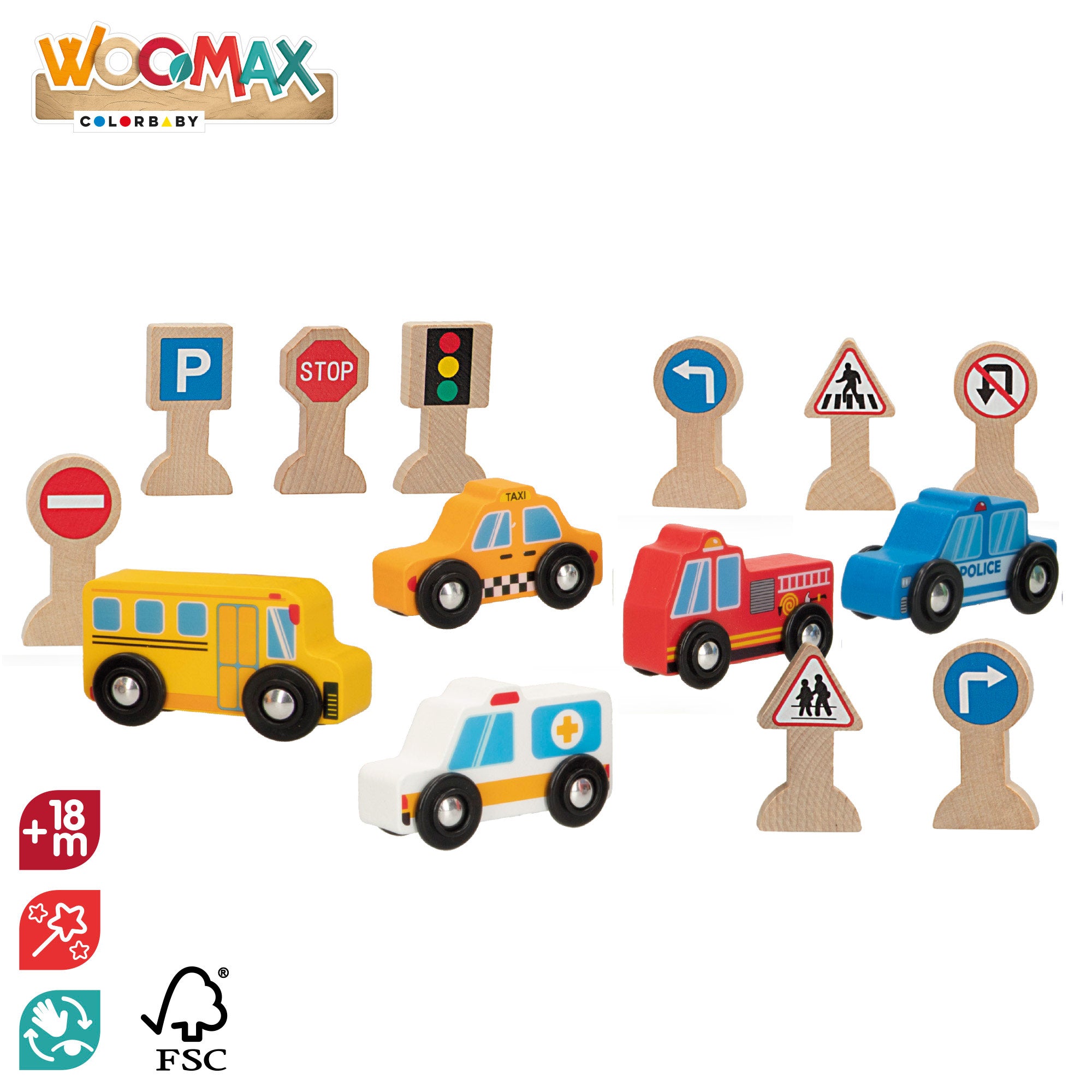 Conjunto WOOMAX com 6 veículos de madeira e 9 sinais de trânsito.