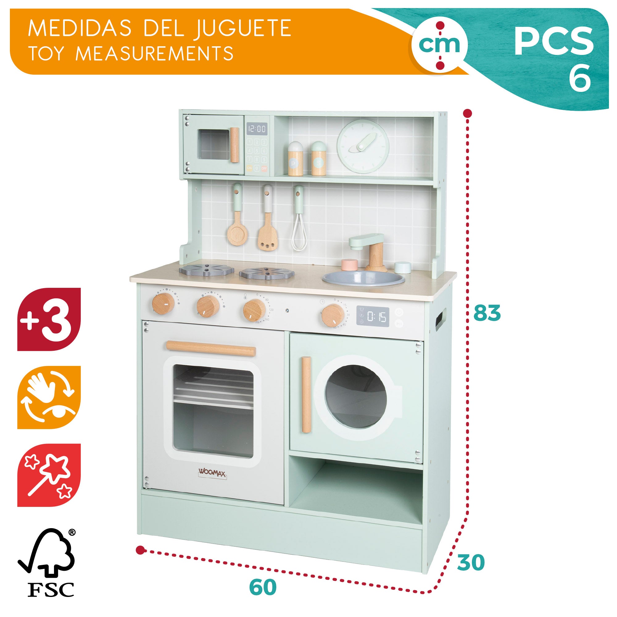 WOOMAX Cocinita madera con elementos interactivos y accesorios