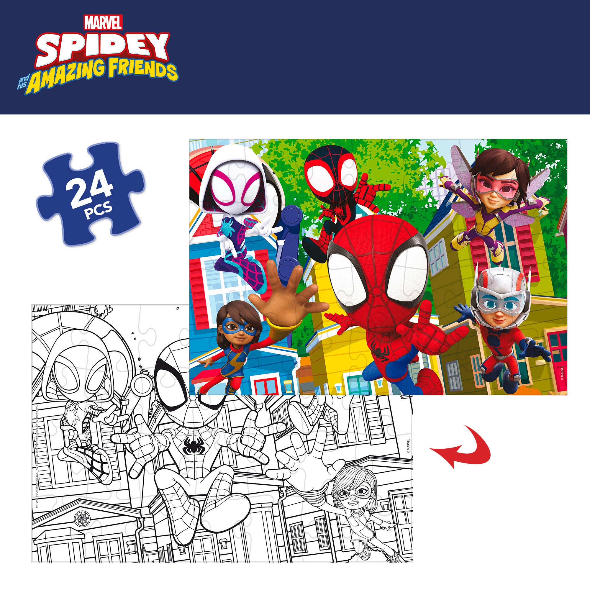 Homem-Aranha e a sua equipa - Puzzle de colorir dupla face com 24 peças grandes.