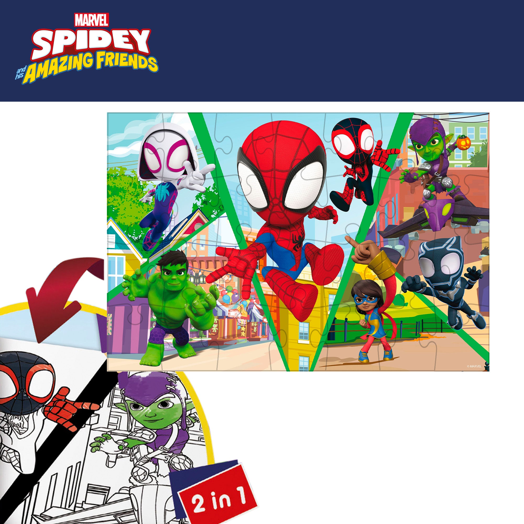 Homem-Aranha e a sua equipa - Puzzle de colorir dupla face com 24 peças grandes.