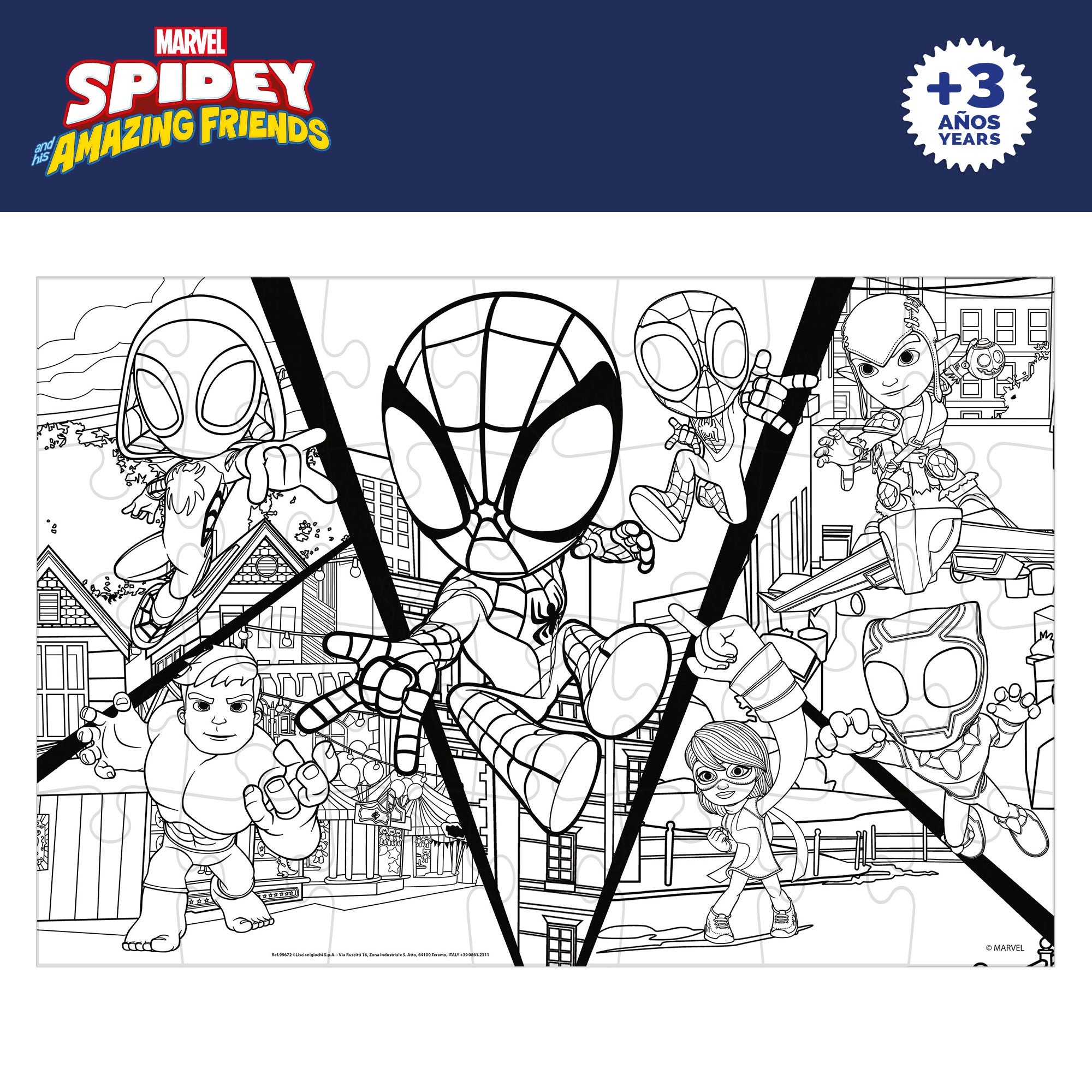 Homem-Aranha e a sua equipa - Puzzle de colorir dupla face com 24 peças grandes.