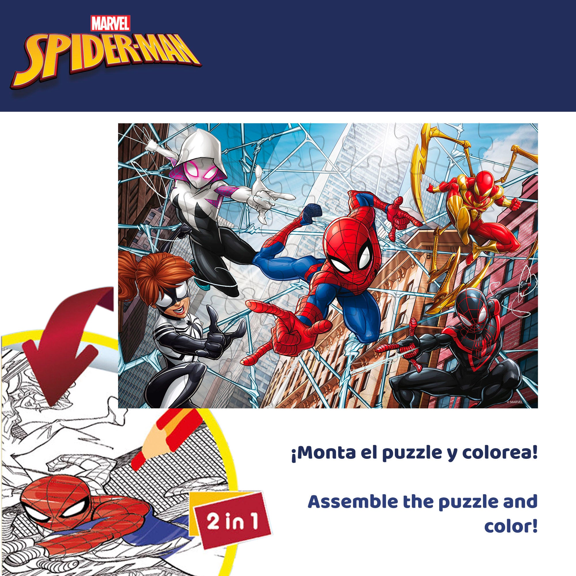 Marvel Spider-Man Puzzle doble cara para colorear 60 piezas