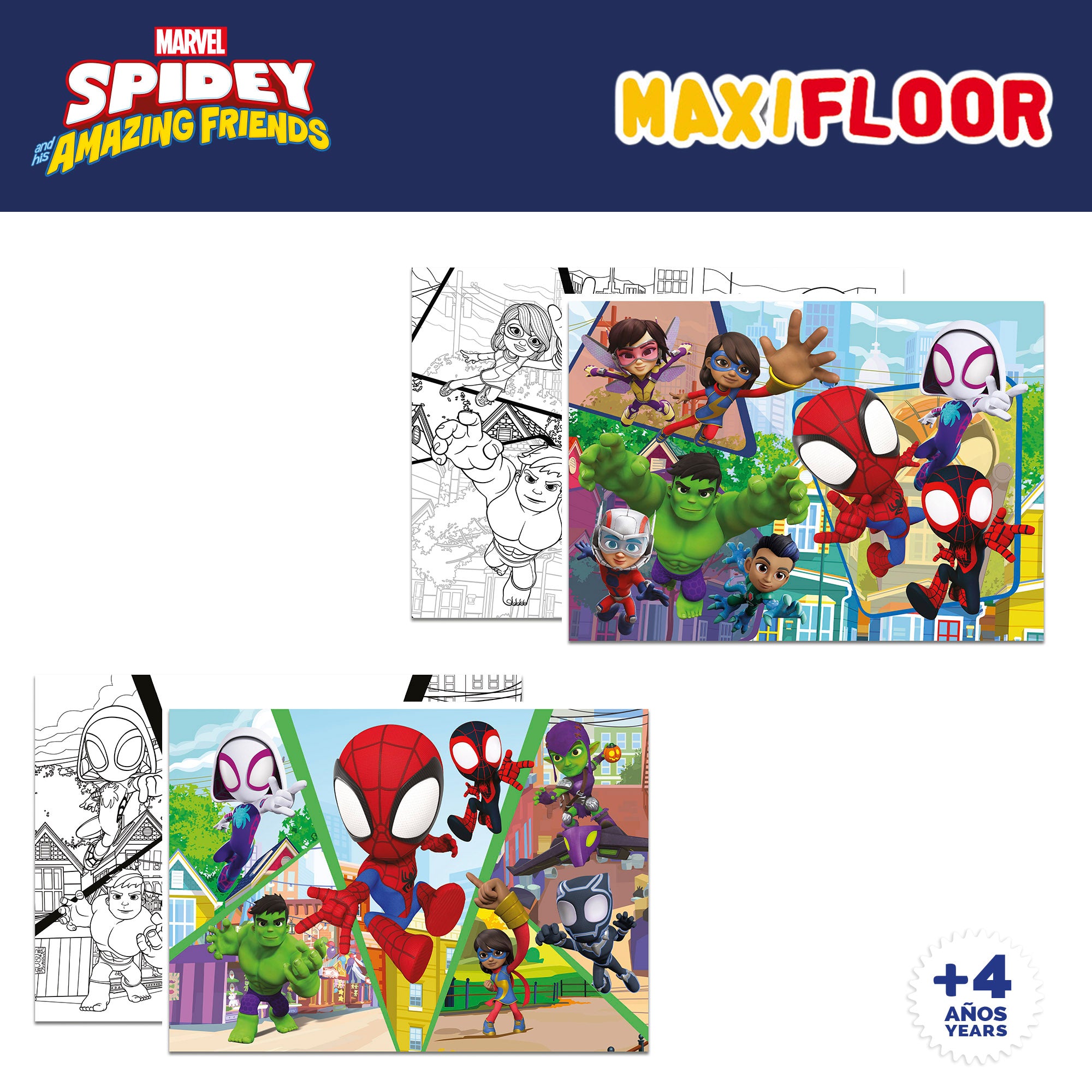 Homem-Aranha e a sua equipa - Pack de 4 puzzles para colorir de dupla face, 48 peças