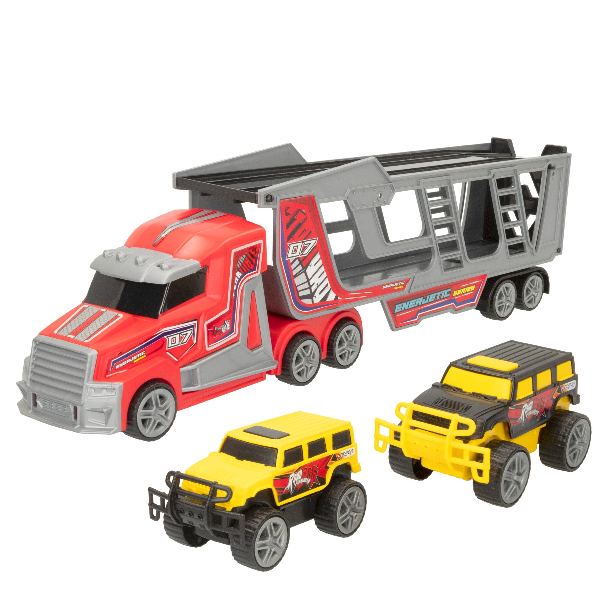 Camión portacoches fricción con 2 coches 4x4 COLORBABY