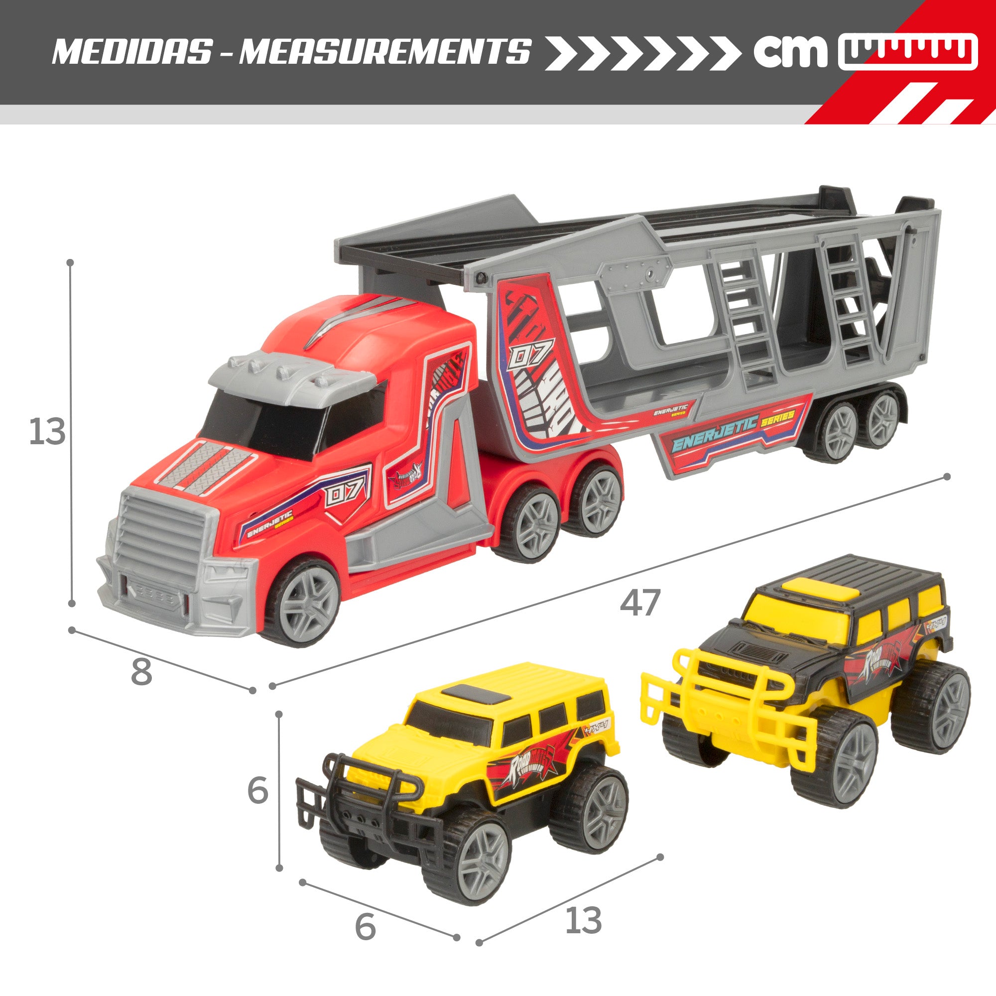 Camión portacoches fricción con 2 coches 4x4 COLORBABY
