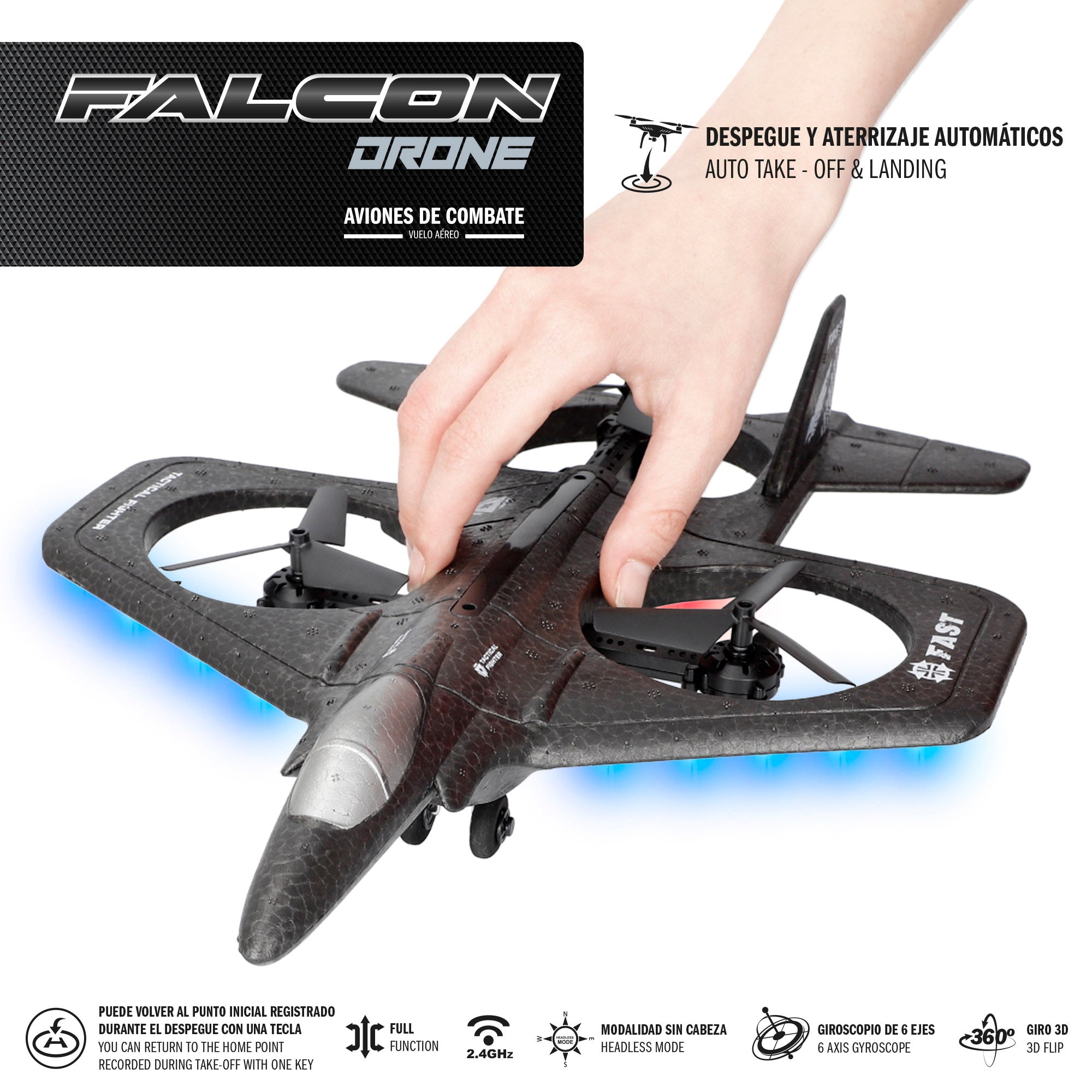 Drone de combate Falcon Speed ​​​​&amp; Go de 36 cm com comando e giroscópio.