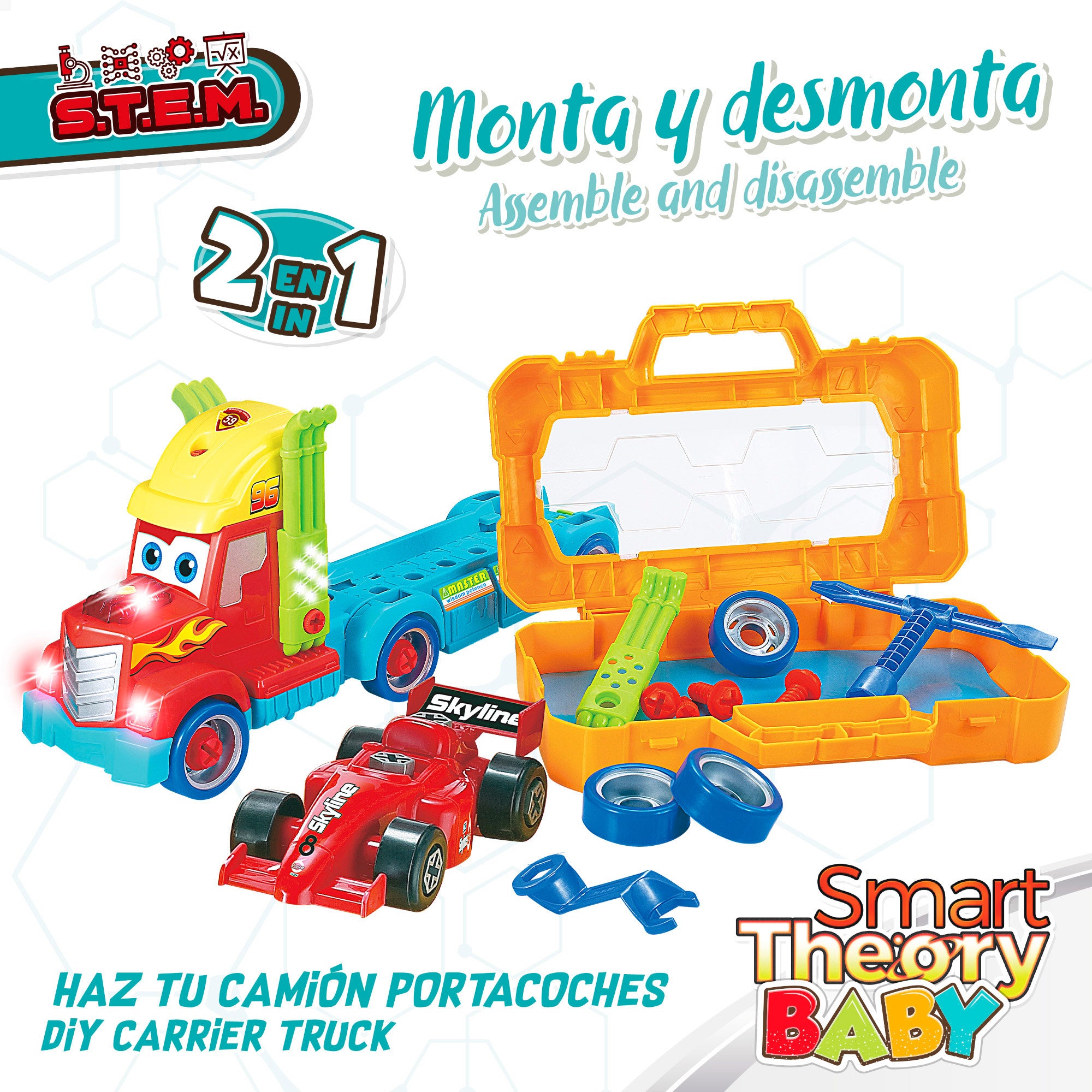 Camión portavehículos y caja de herramientas 2 en 1 con luz y sonido Smart Theory