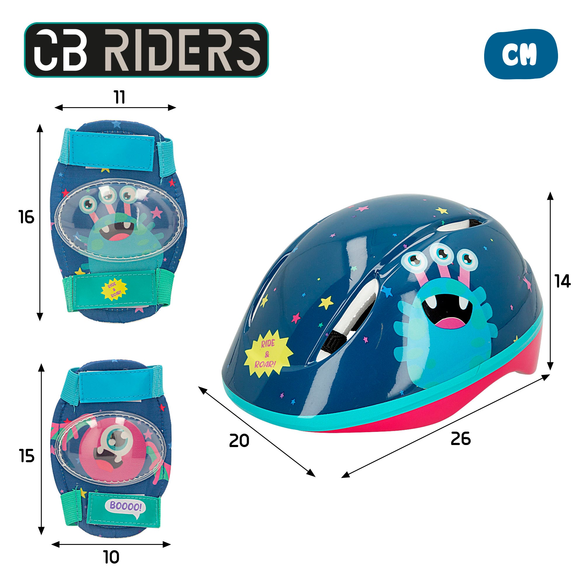 Kit protecciones patinaje infantil con casco, rodilleras y coderas de monstruos CB Riders