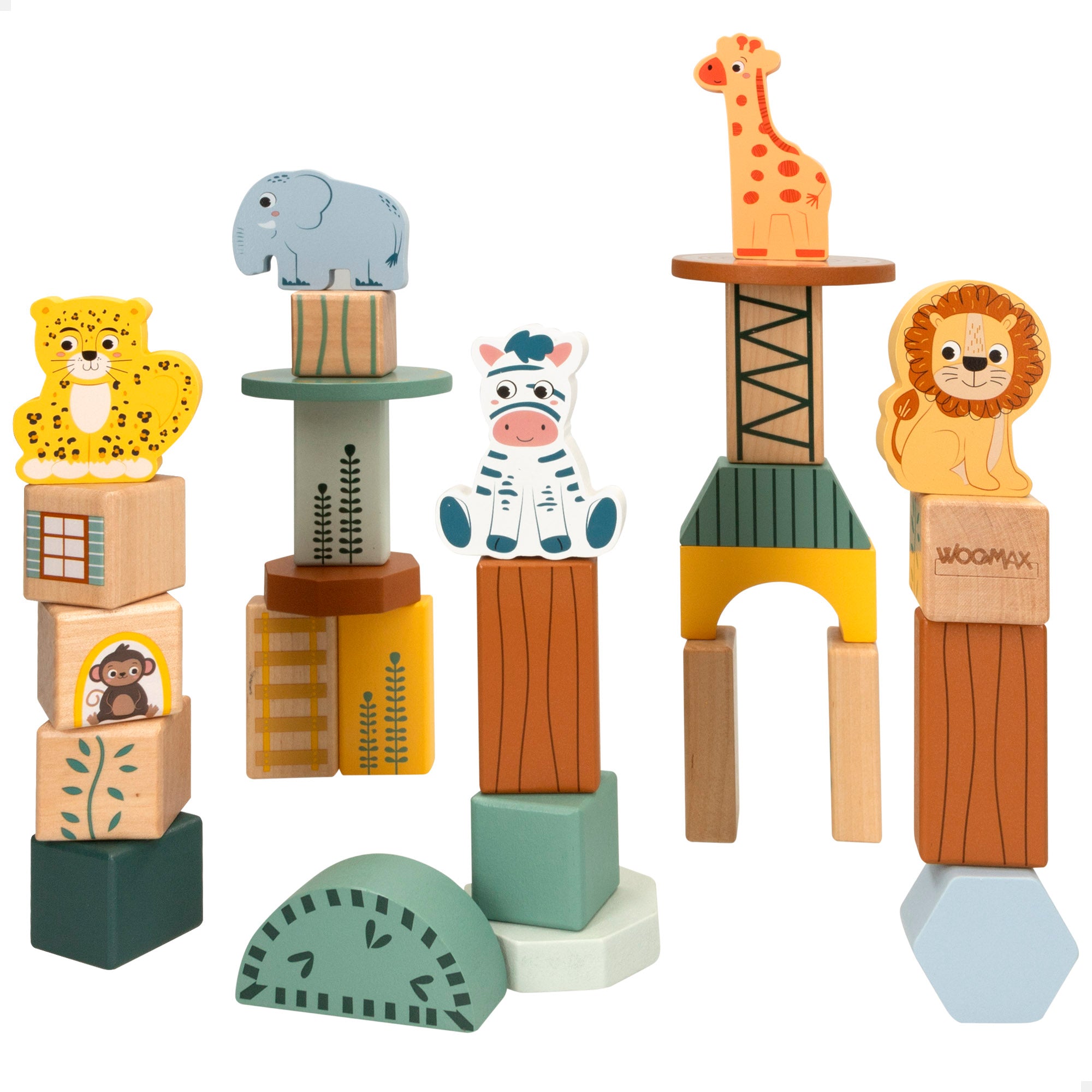 WOOMAX Zookabee Juego de bloques de madera animales de la selva 28 piezas