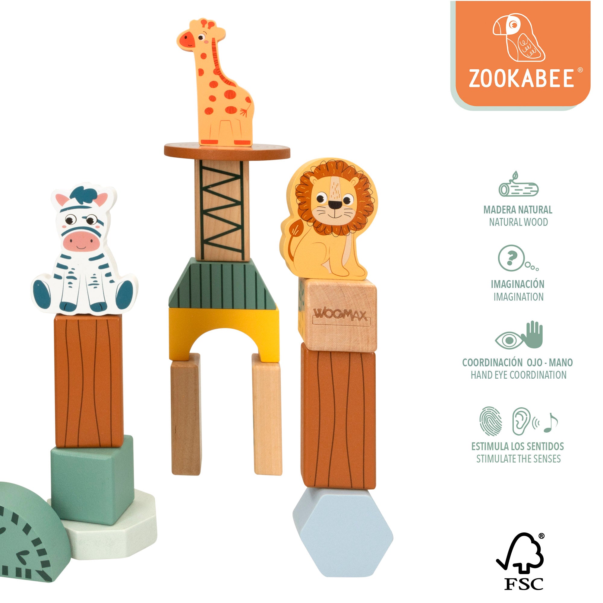 WOOMAX Zookabee Juego de bloques de madera animales de la selva 28 piezas