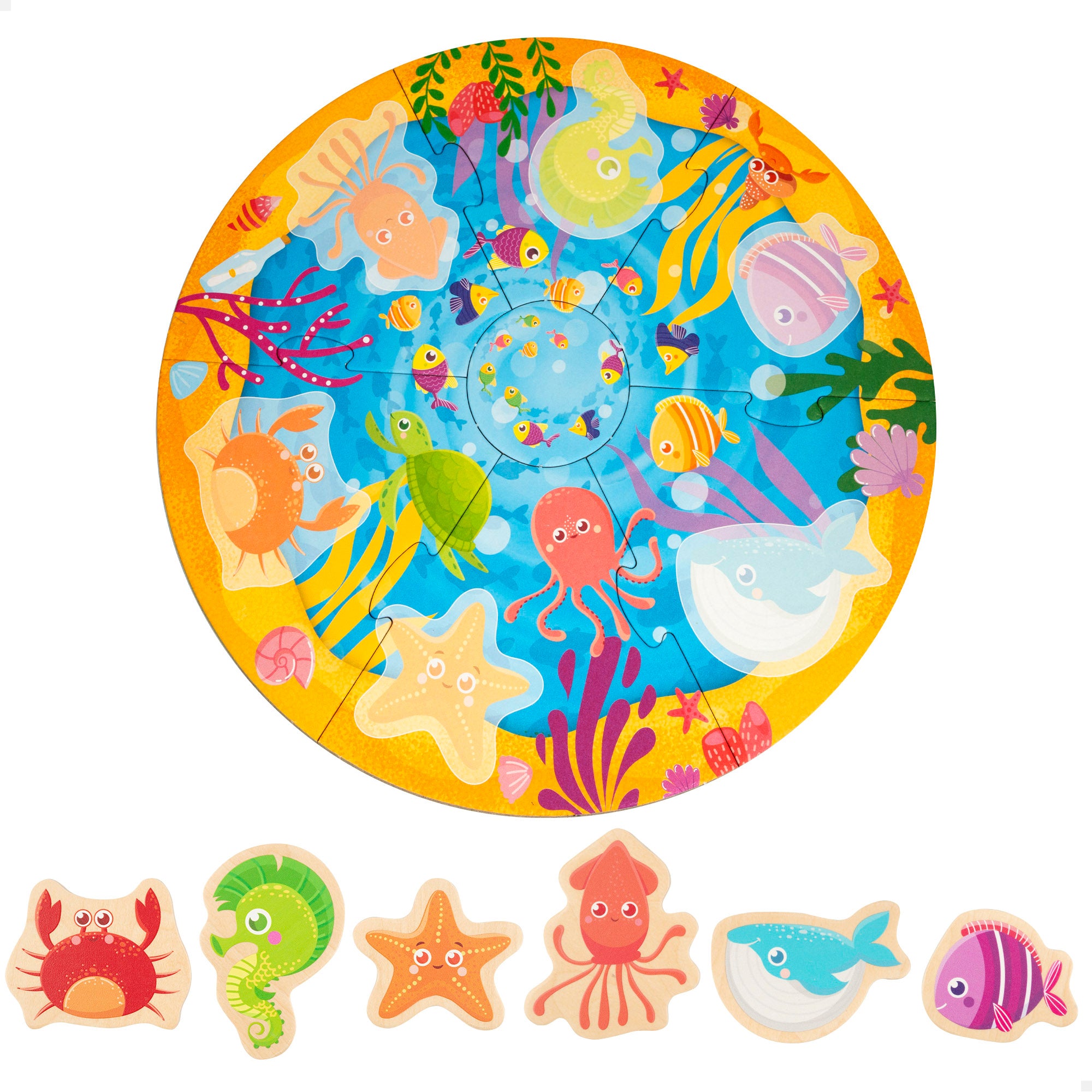 Montessori Lisciani Puzzle redondo mar 7 piezas con 6 animales de madera
