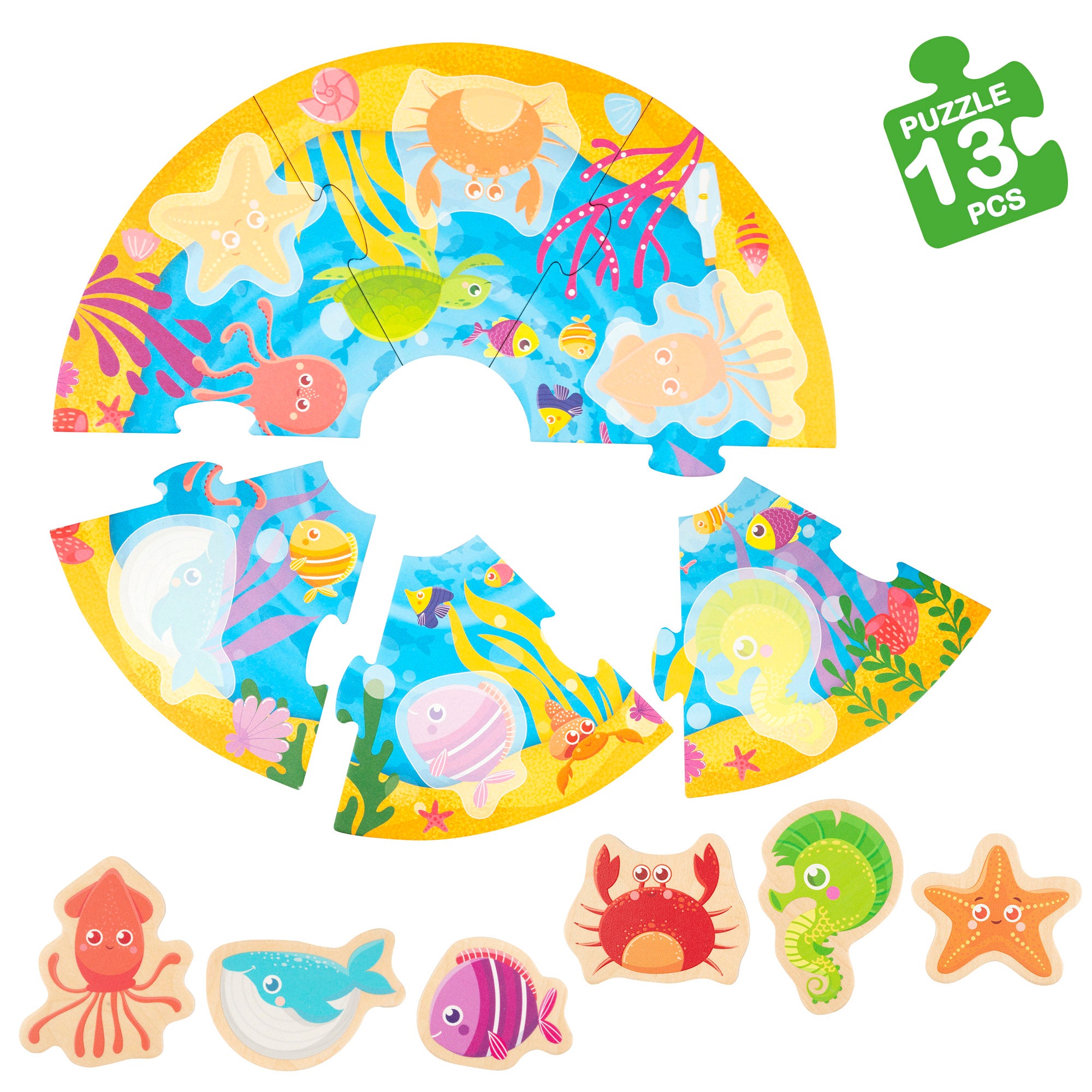 Montessori Lisciani Puzzle redondo mar 7 piezas con 6 animales de madera