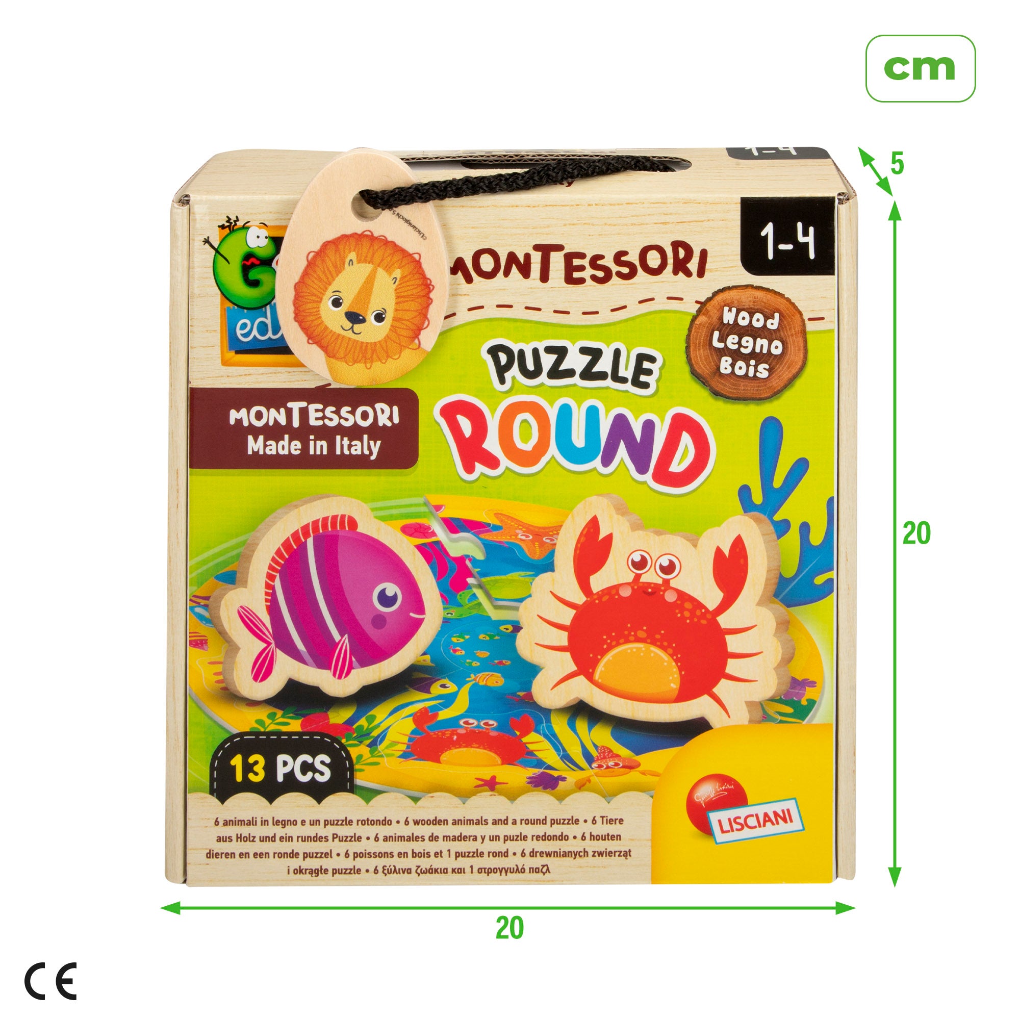 Montessori Lisciani Puzzle redondo mar 7 piezas con 6 animales de madera