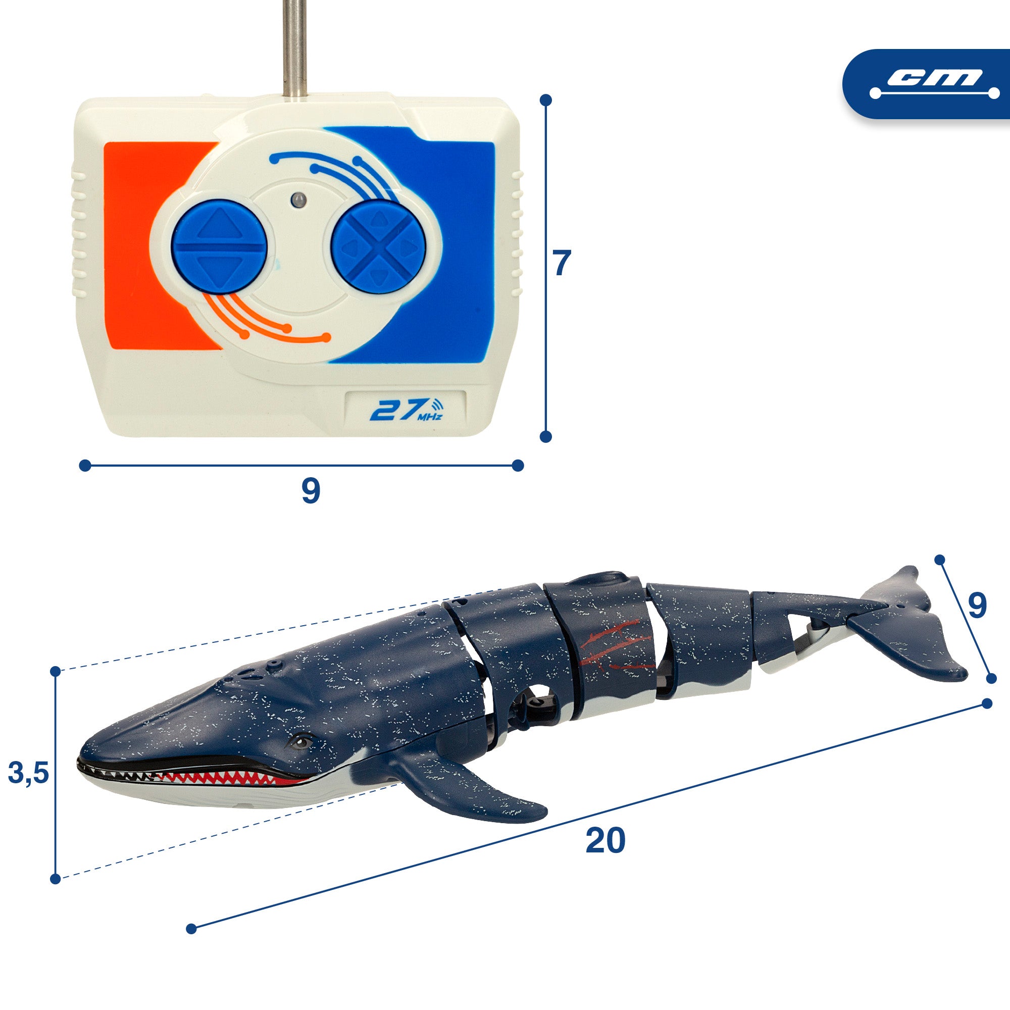 Baleia de brinquedo com controlo remoto, barco de corrida de 20 cm