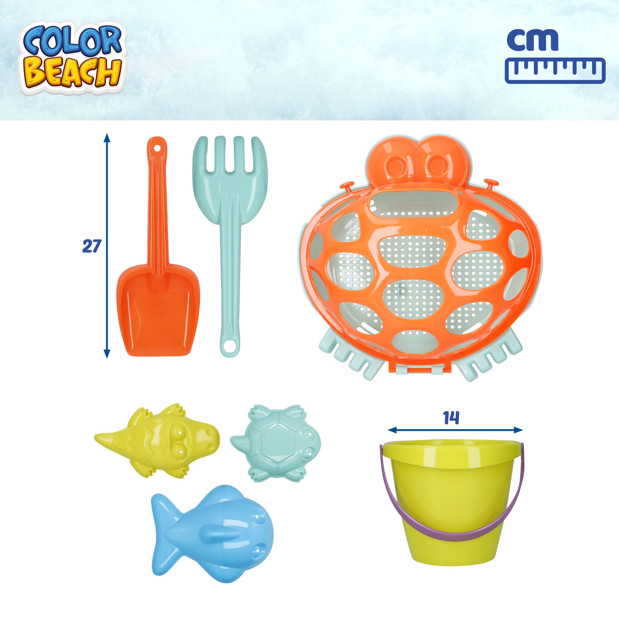 Cubo de playa con accesorios y moldes Color Beach
