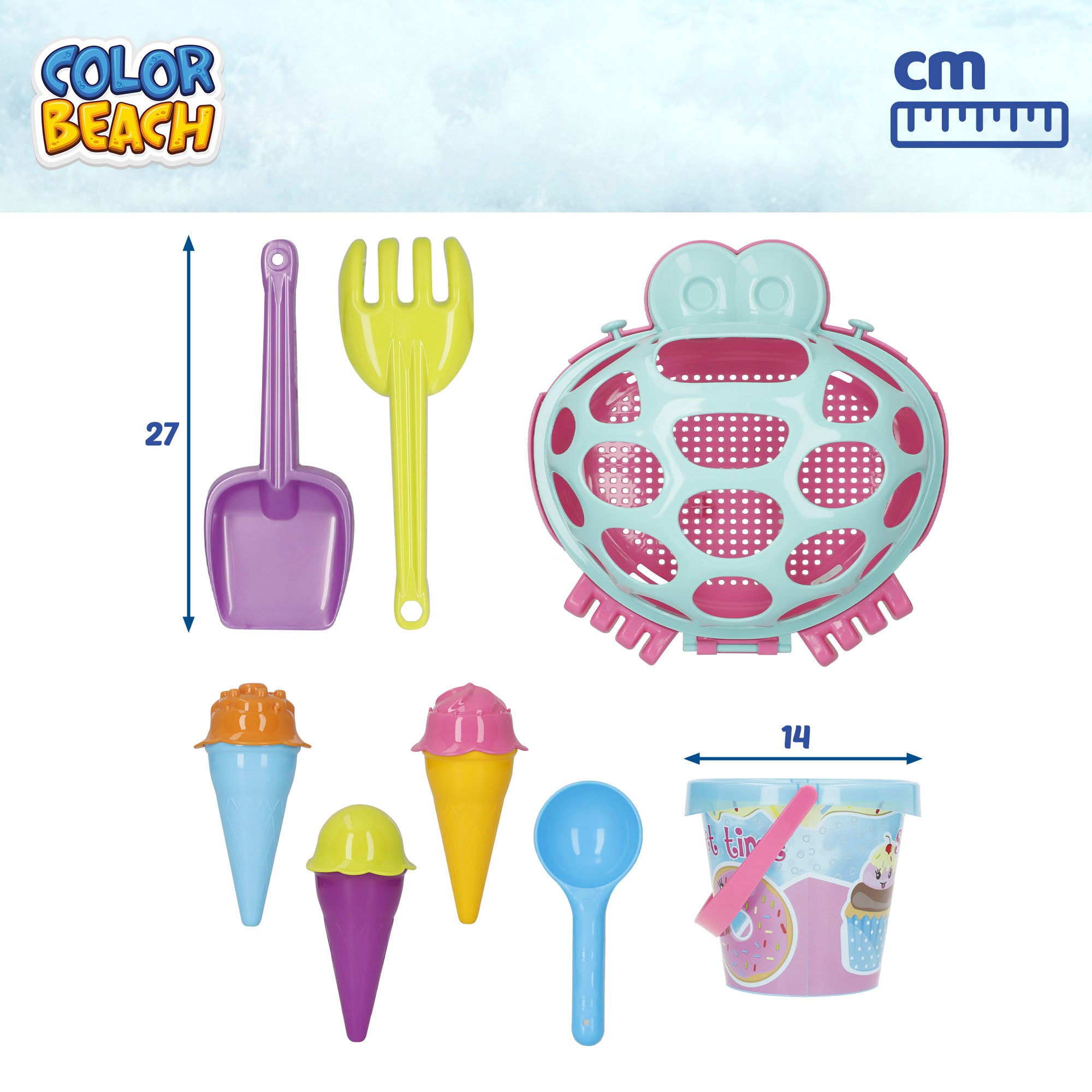 Cubo de playa con accesorios y cangrejo Color Beach