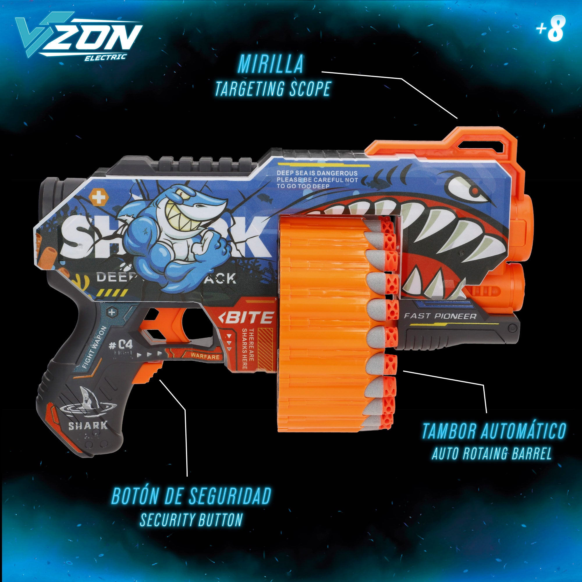 Pistola de juguete eléctrica tiburón con 24 dardos de espuma V-Zone
