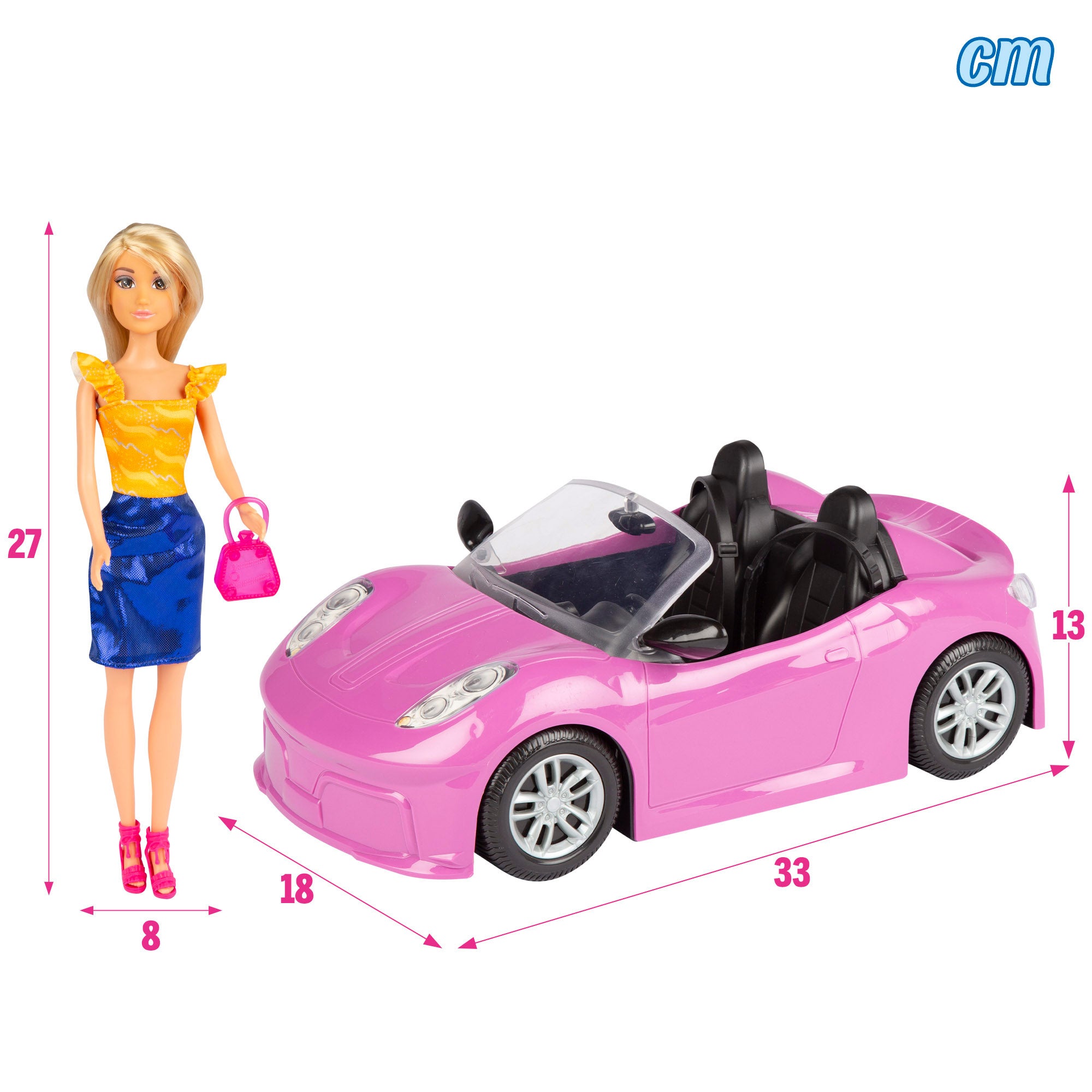 Muñeca con coche deportivo y accesorios Isabella