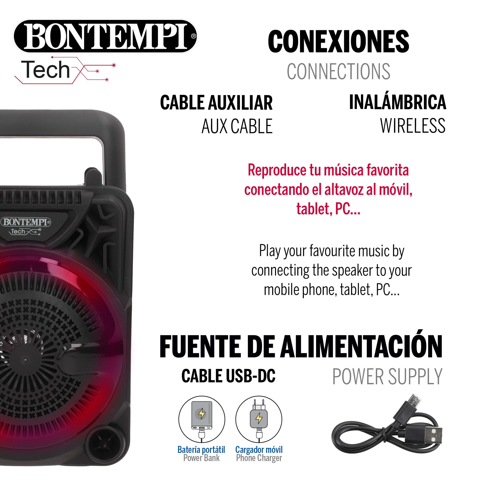 Mini altavoz inalámbrico con micrófono y luces 11,5x10x18 cm Bontempi