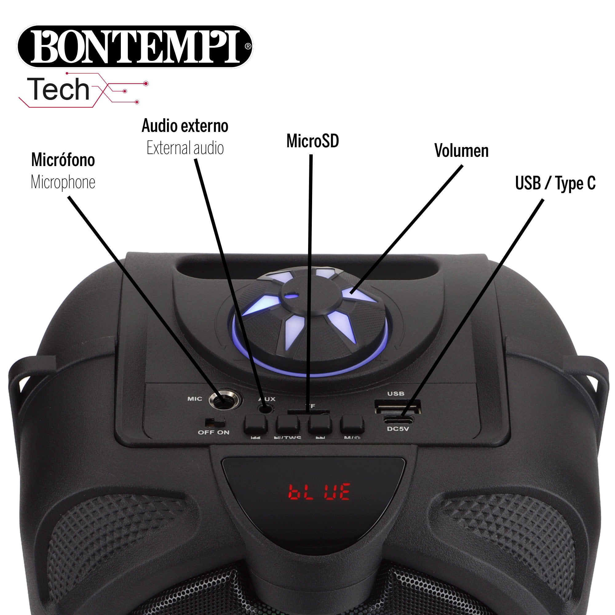 Altavoz inalámbrico con micrófono y luces 19x15x16 cm Bontempi