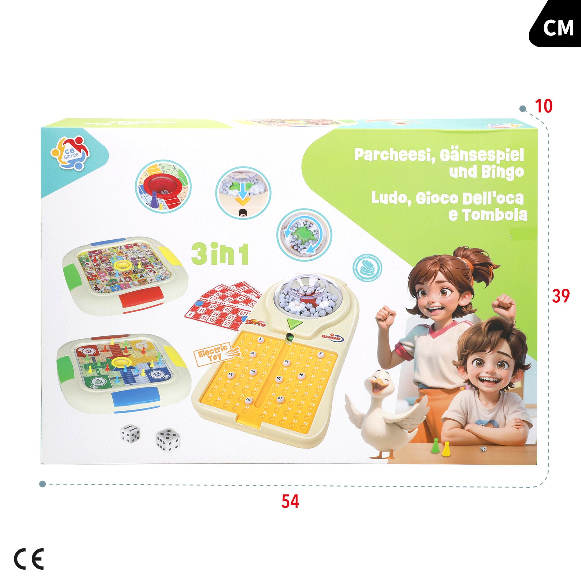 Conjunto de 3 jogos de tabuleiro: Parcheesi, Goose Game e Bingo CB Games