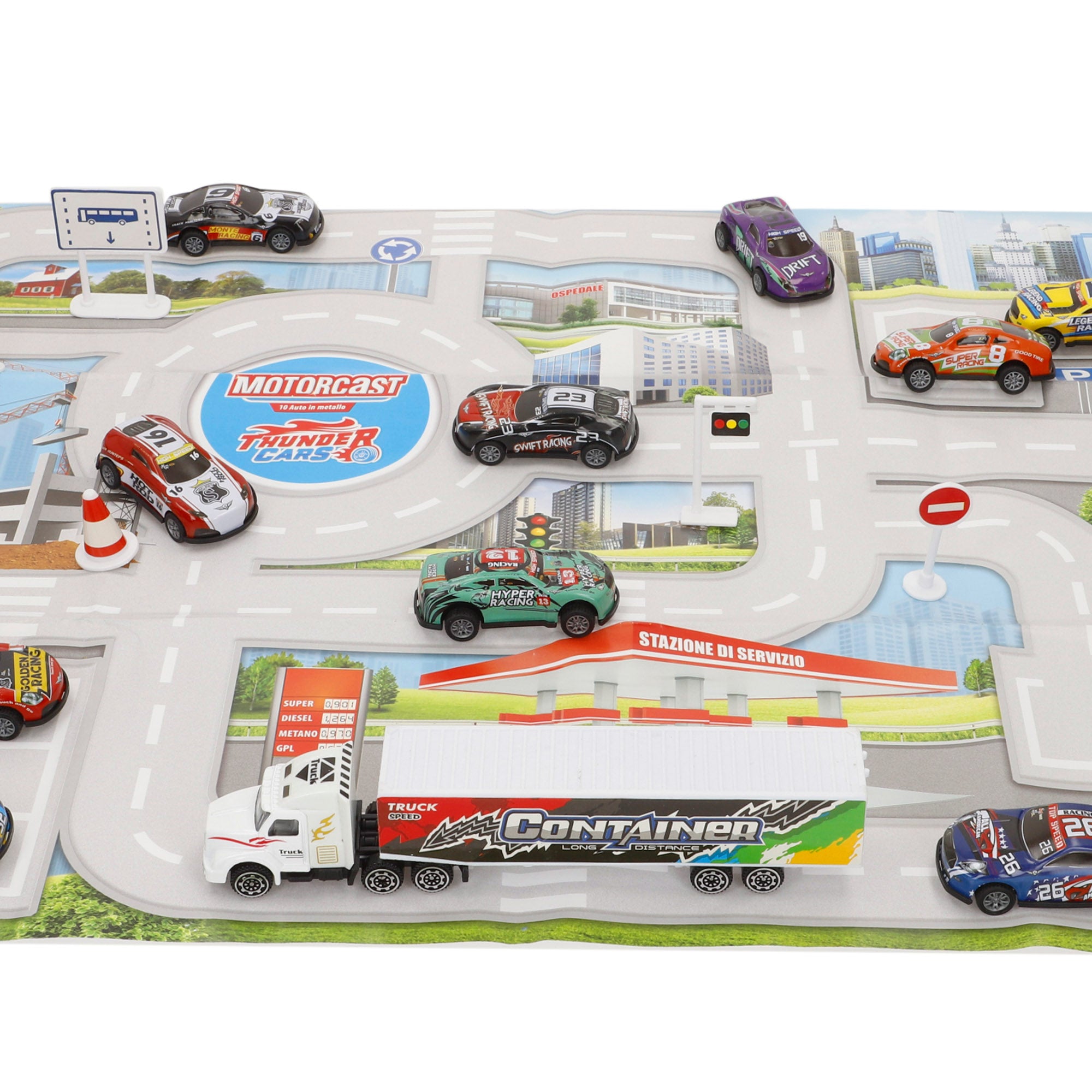 Set circuito ciudad con vehículos fricción 1:87 y señales de tráfico Speed & Go