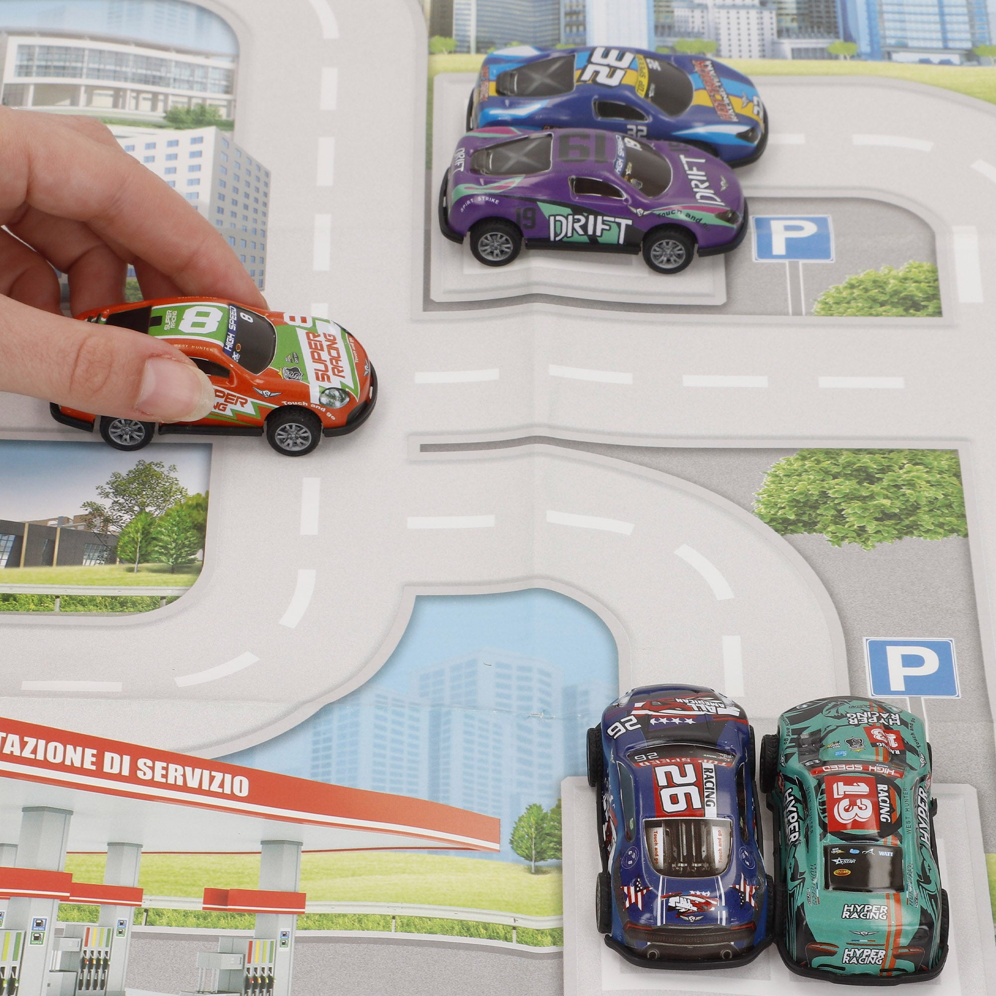 Set circuito ciudad con vehículos fricción 1:87 y señales de tráfico Speed & Go