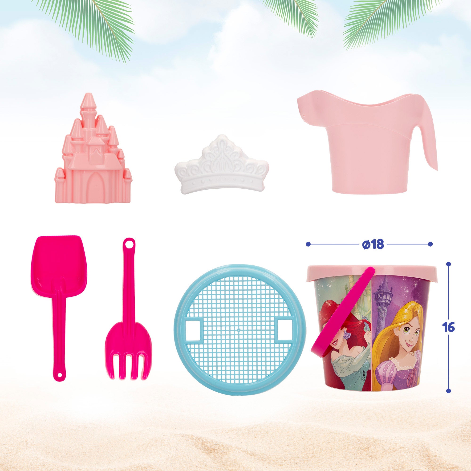 Disney Princess Set cubo de playa con accesorios y mochila transporte