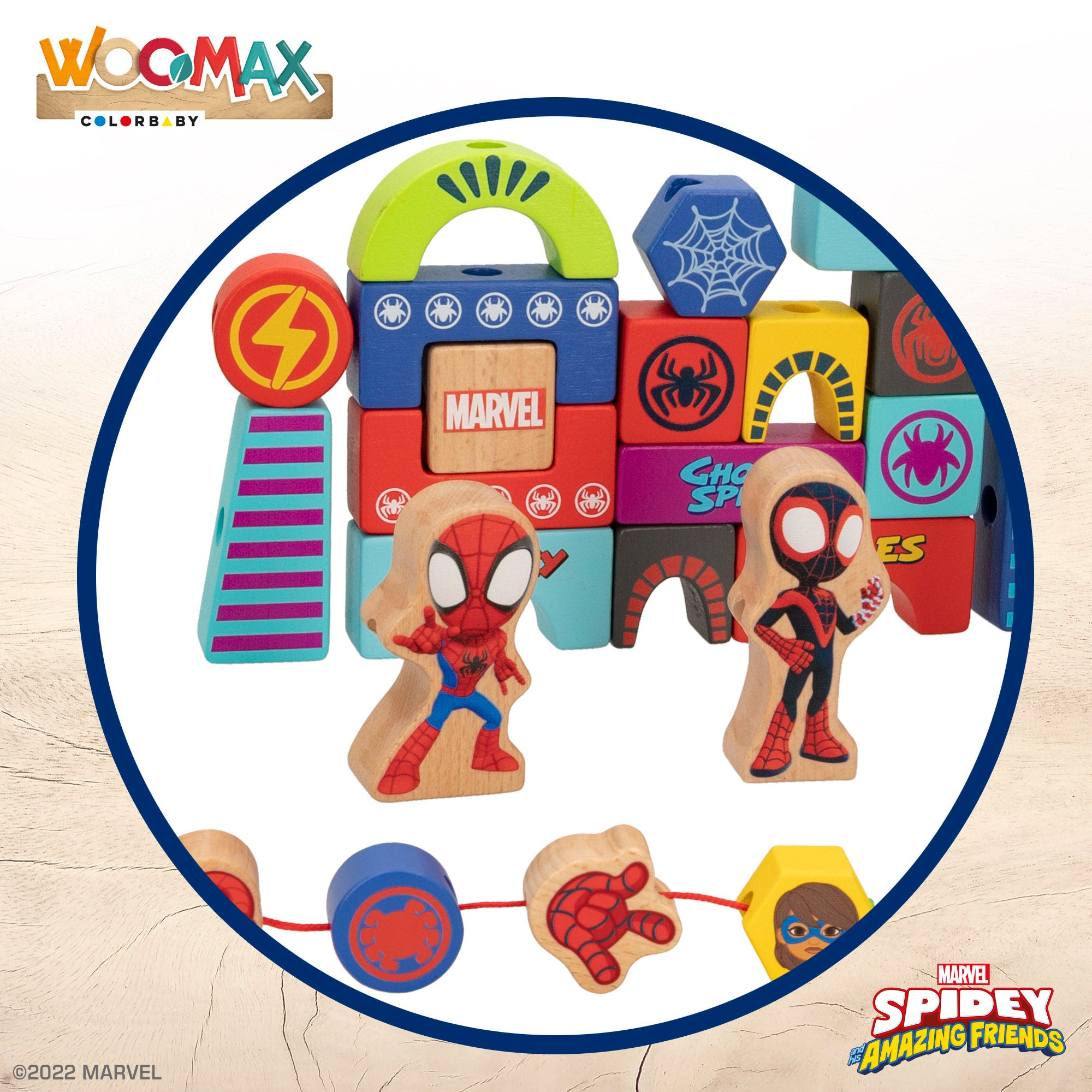 WOOMAX Spidey y su superequipo Juego de bloques de madera y formas para enlazar
