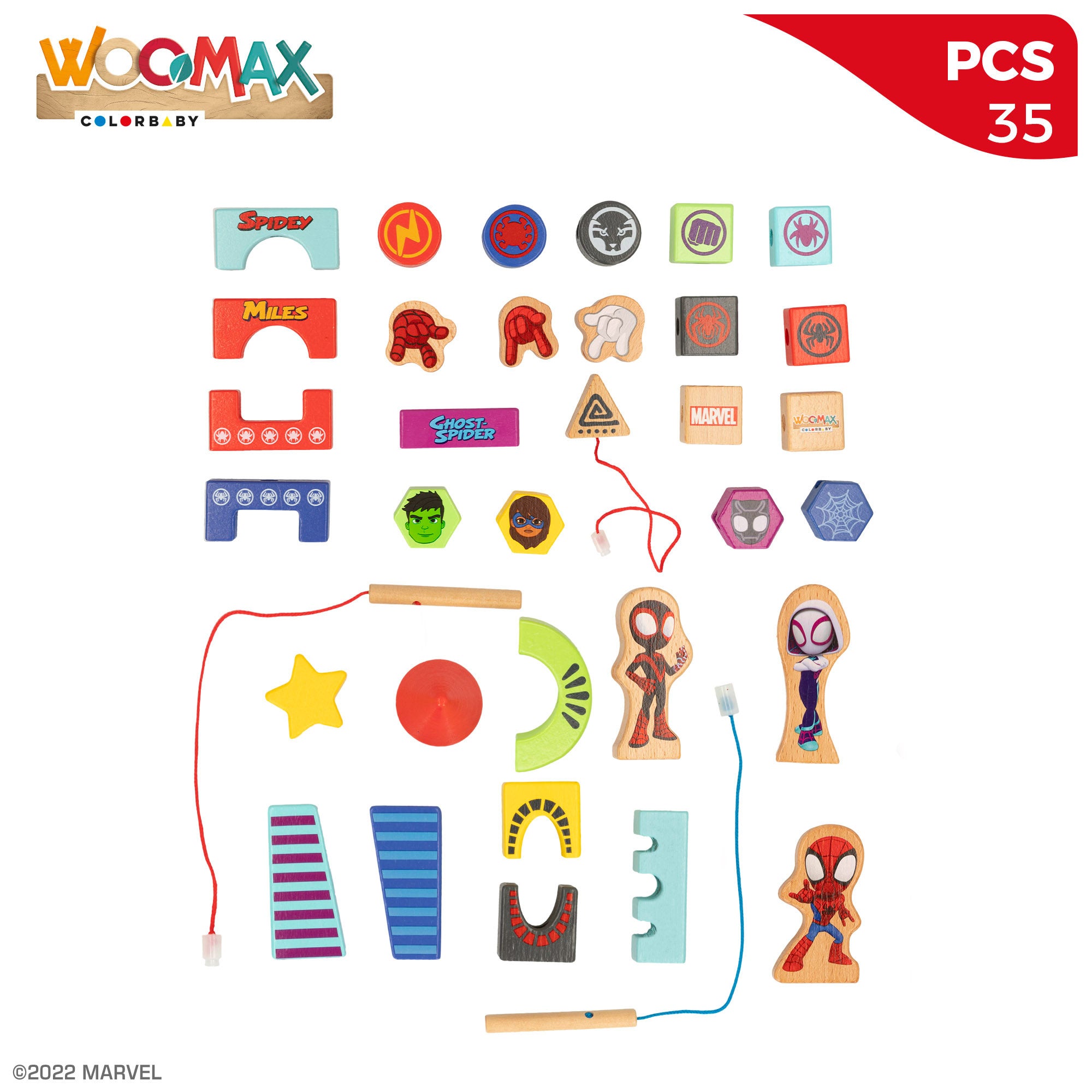 WOOMAX Spidey y su superequipo Juego de bloques de madera y formas para enlazar