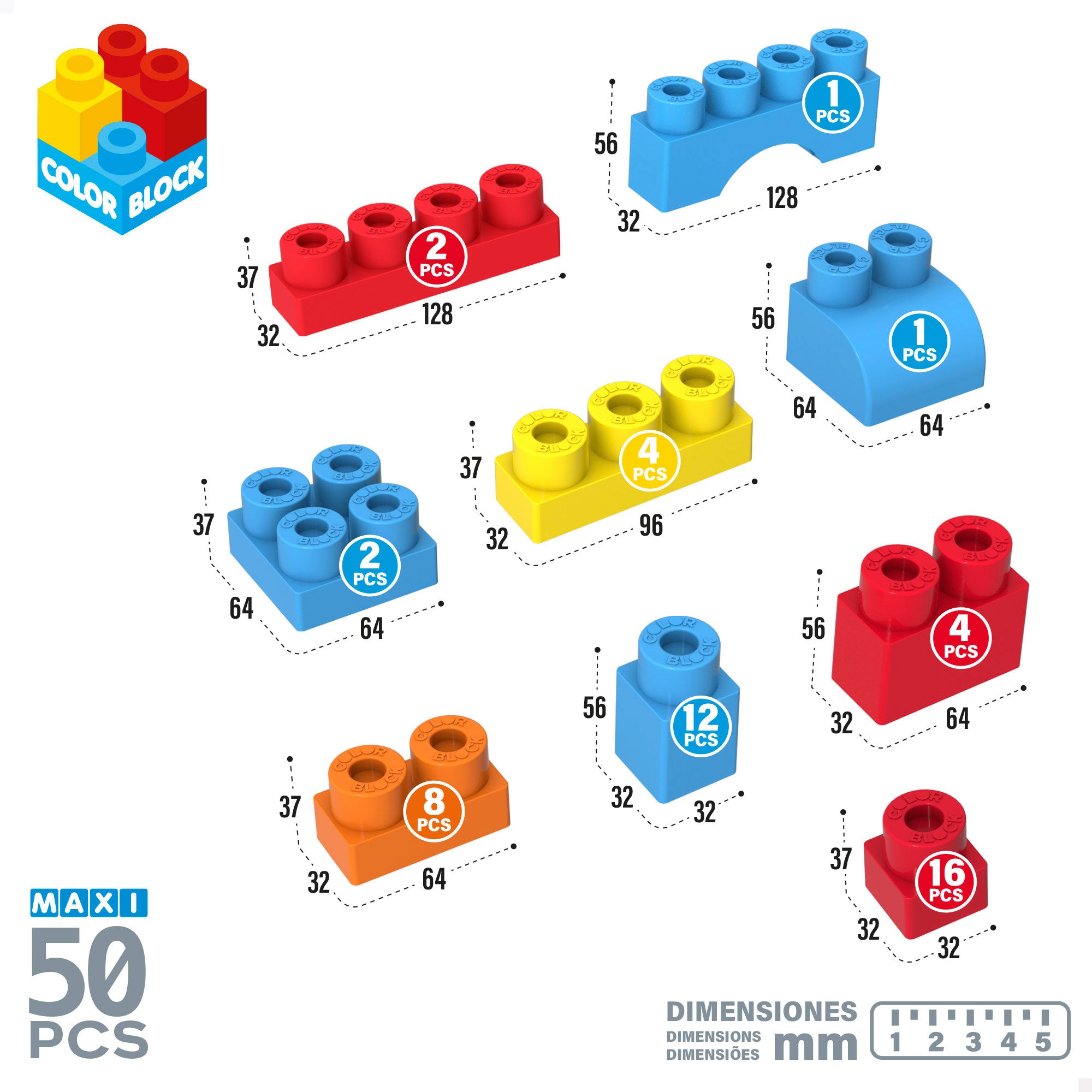 Cubo de blocos de construção maxi Color Block com 50 peças