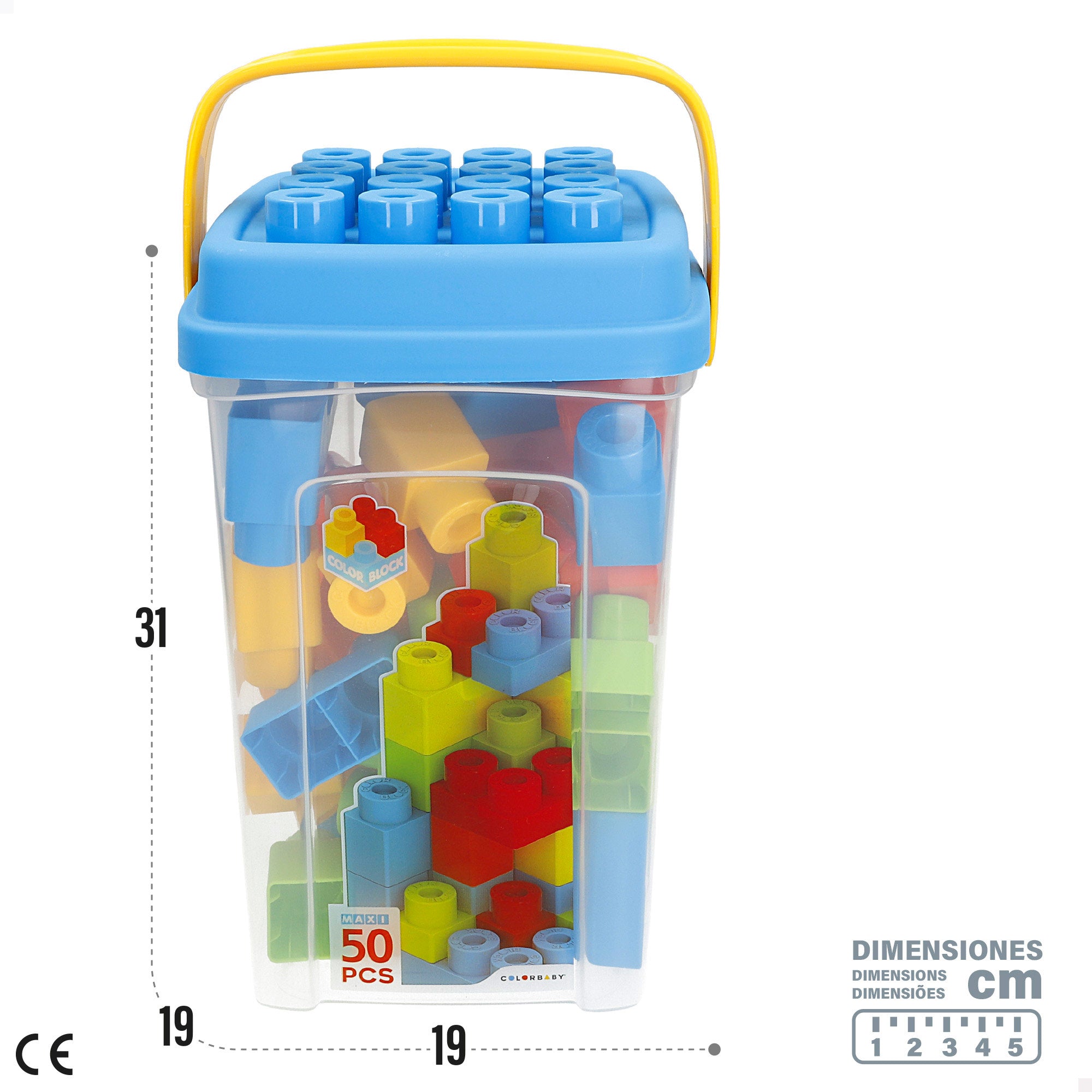 Cubo de blocos de construção maxi Color Block com 50 peças